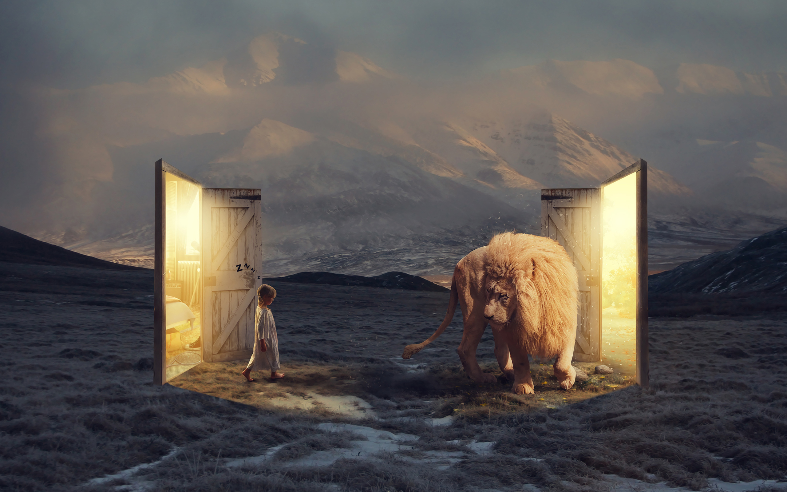 Маленькая девочка идет в фантастическую дверь у белому льву