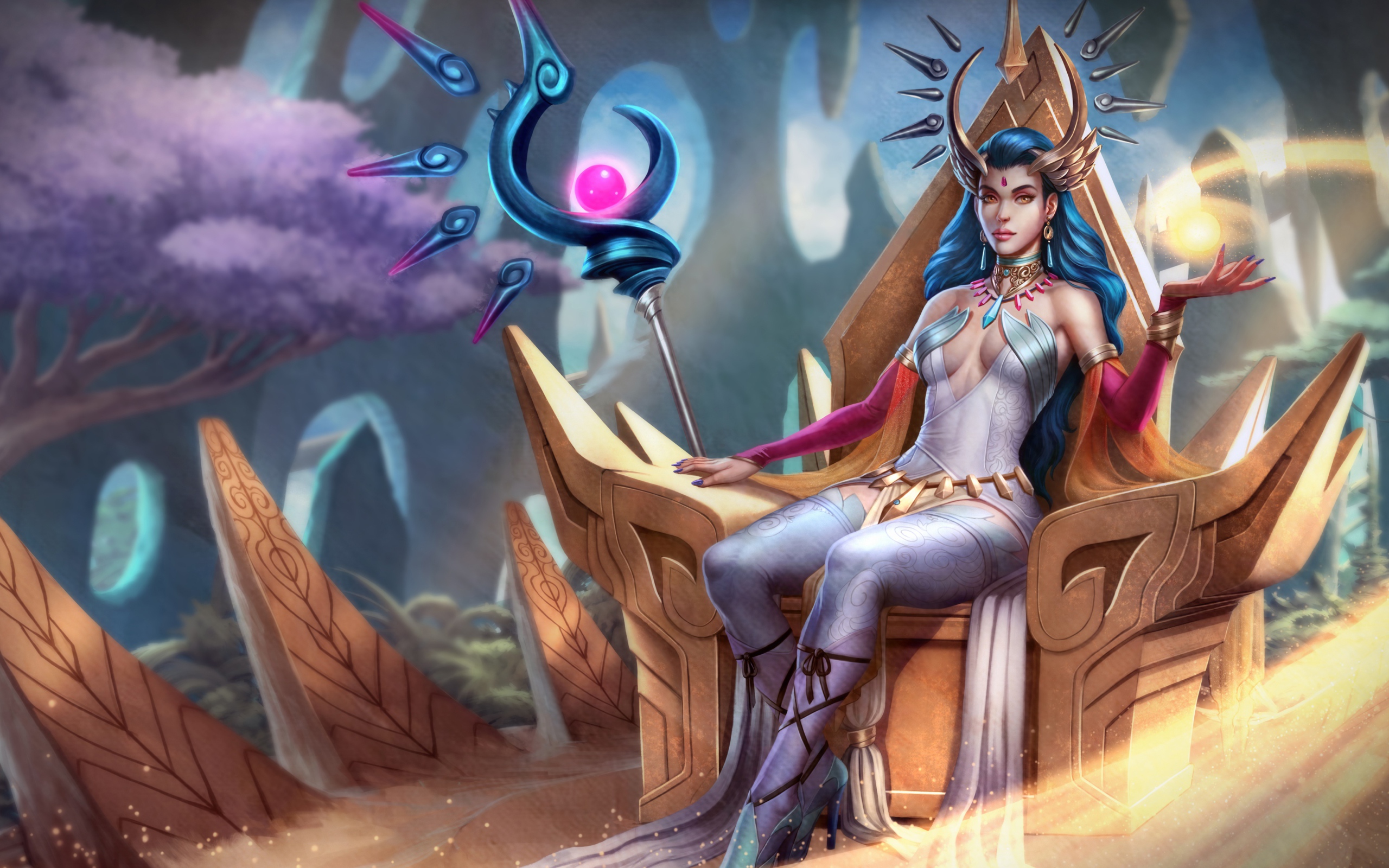 Фантастическая девушка маг сидит на троне