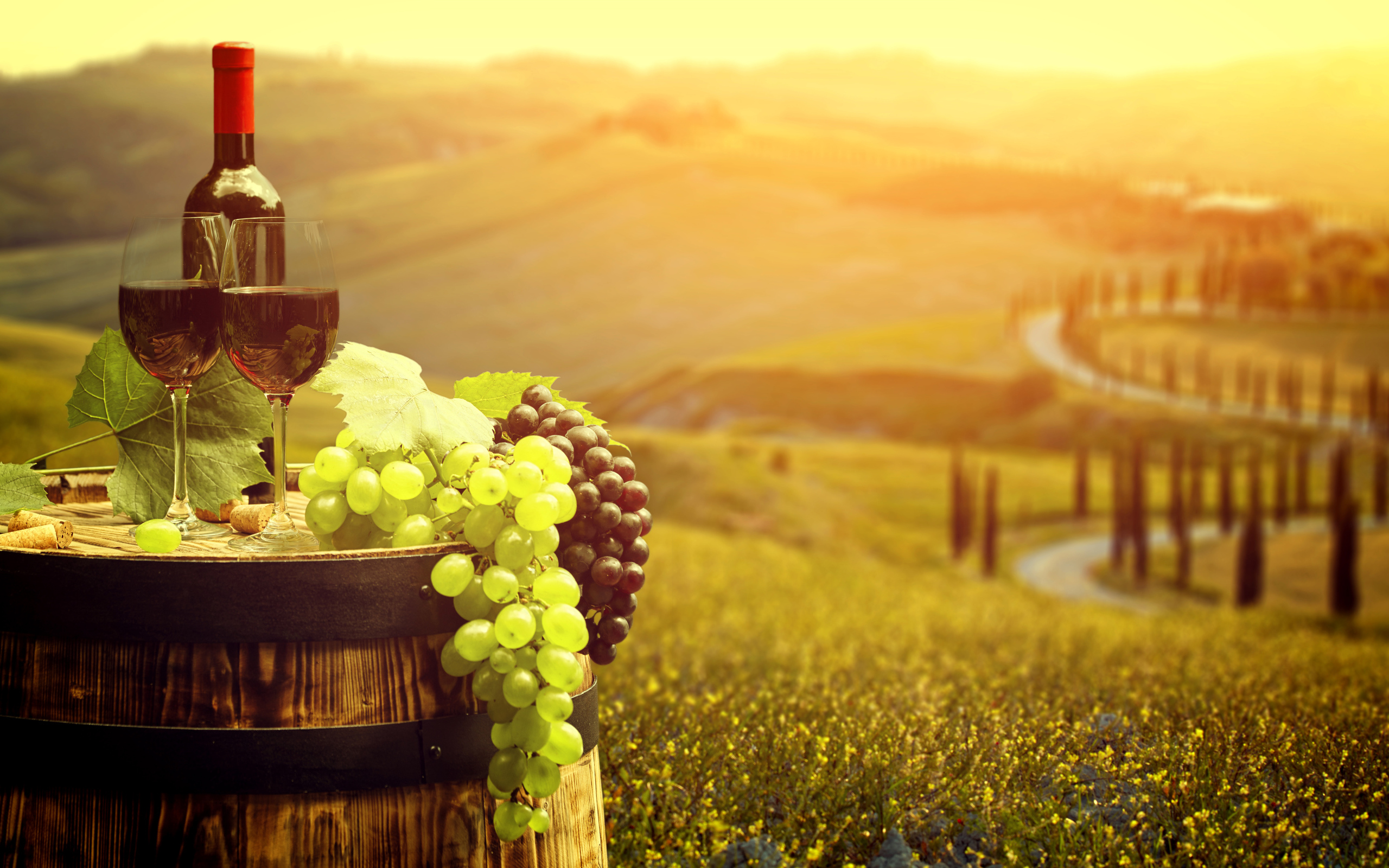 Два бокала с красным вином и свежий виноград на бочке 