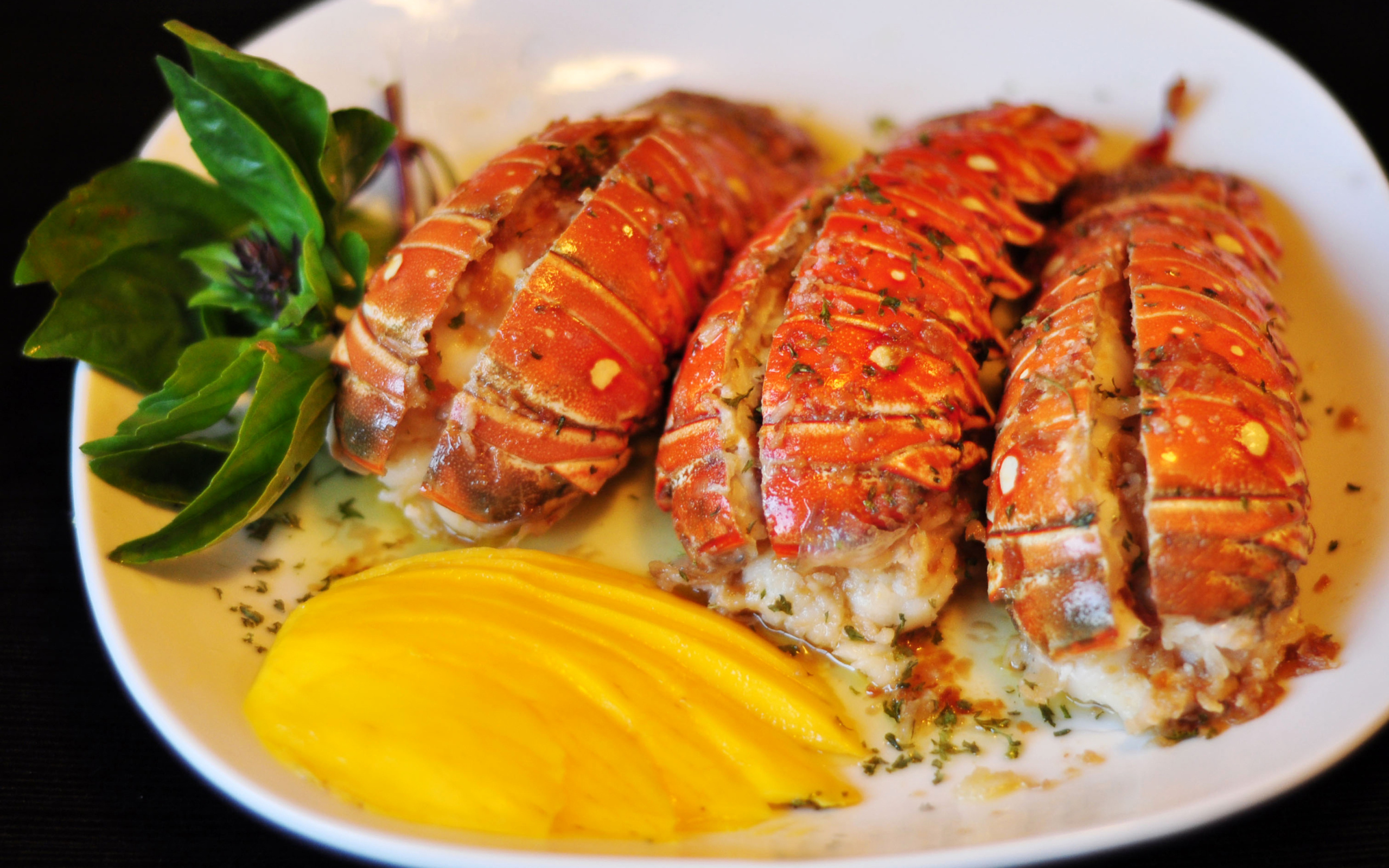 Омар с овощами на белой тарелке 