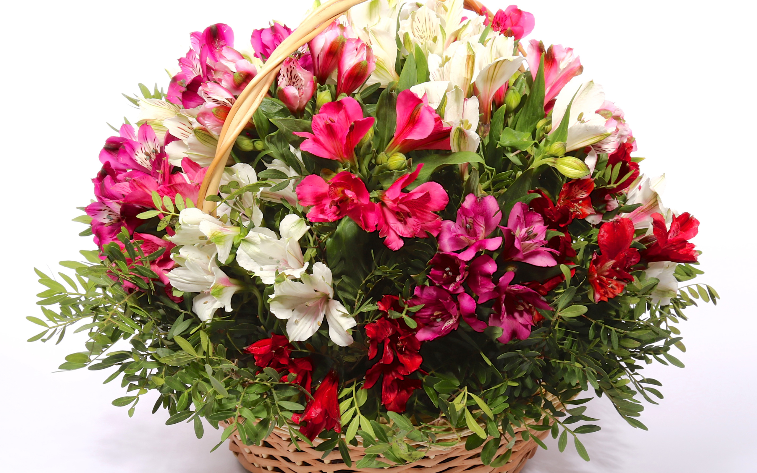 Букет цветов альстрёмерия в корзине на белом фоне