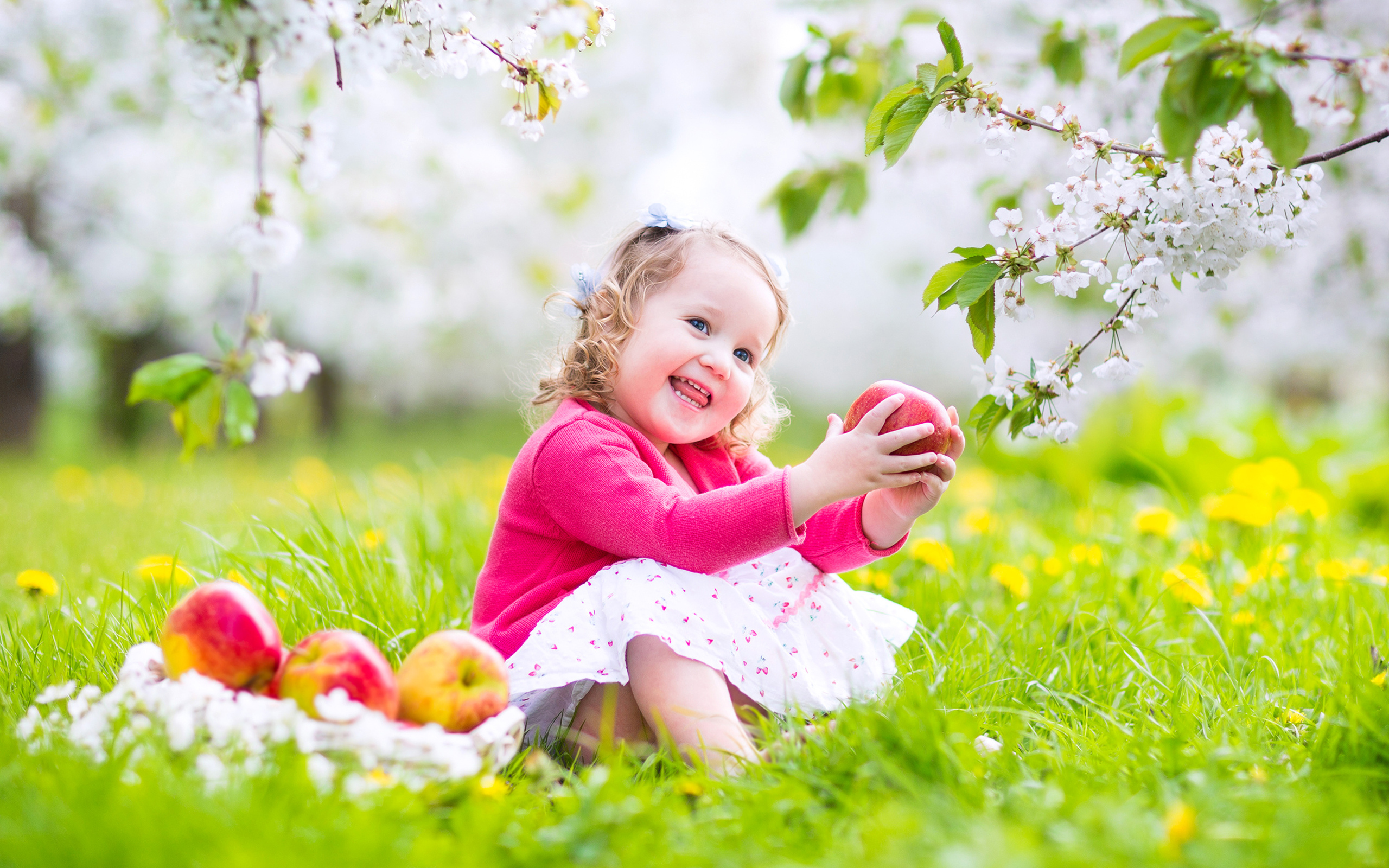 Маленькая улыбающаяся девочка сидит на зеленой траве с яблоками