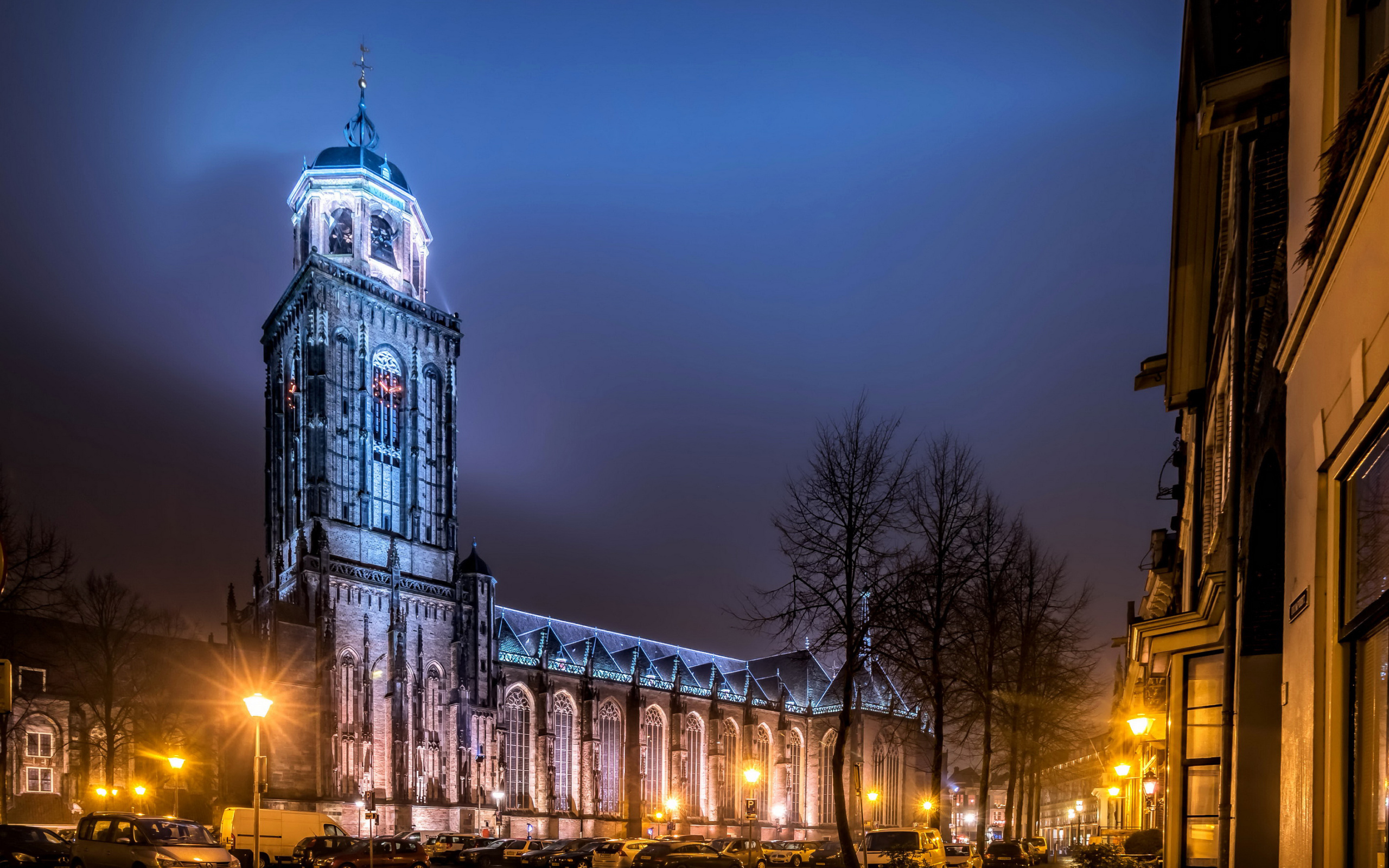 Temple in the light of street lamps on a night street in Deventer, Netherlands