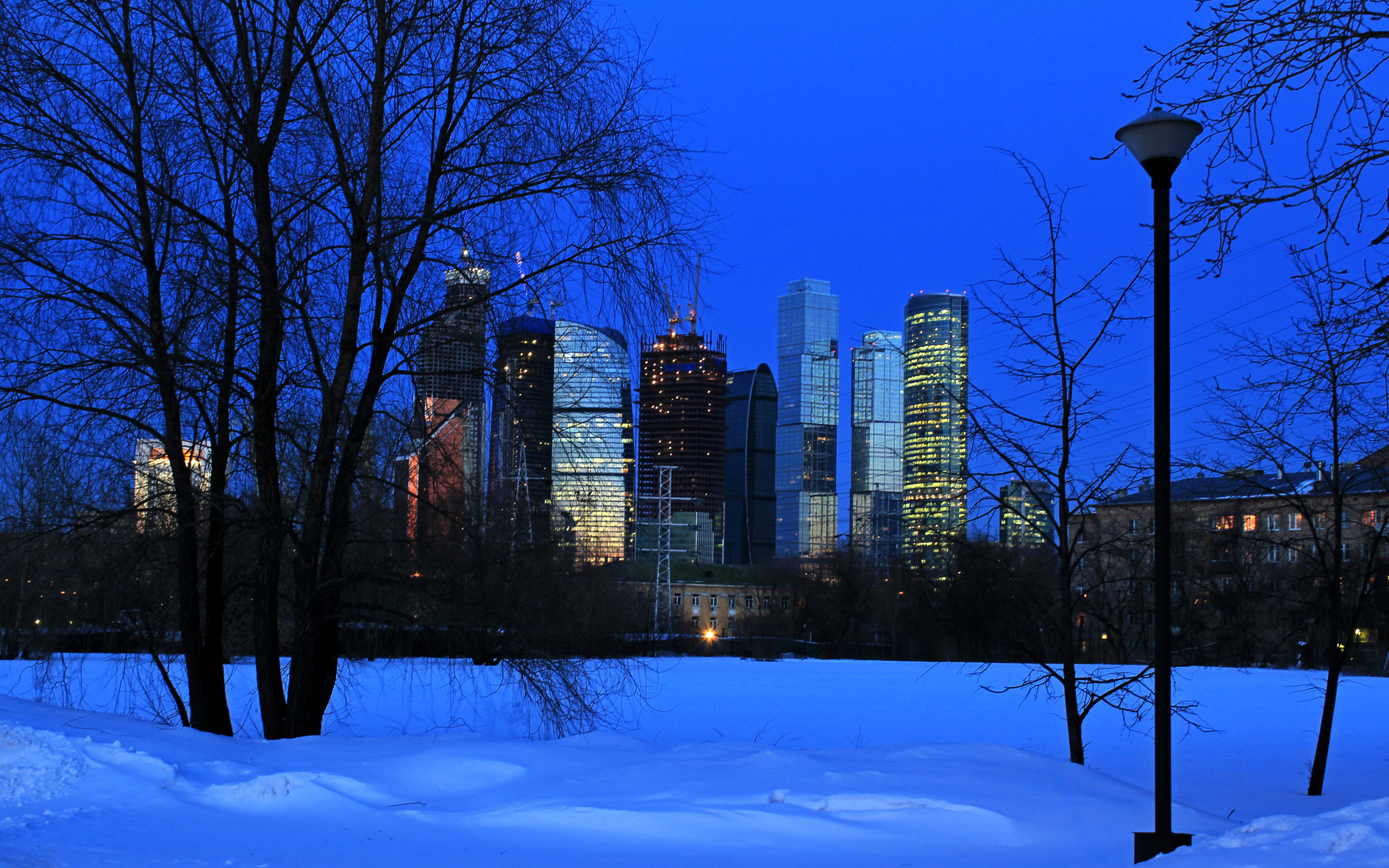 Вид на московские небоскребы из зимнего парка, Россия