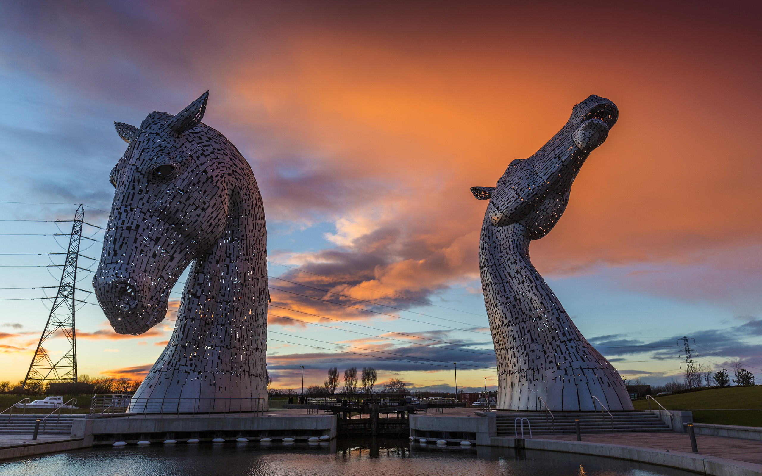 Two horse sculptures against a beautiful sky, Scotland