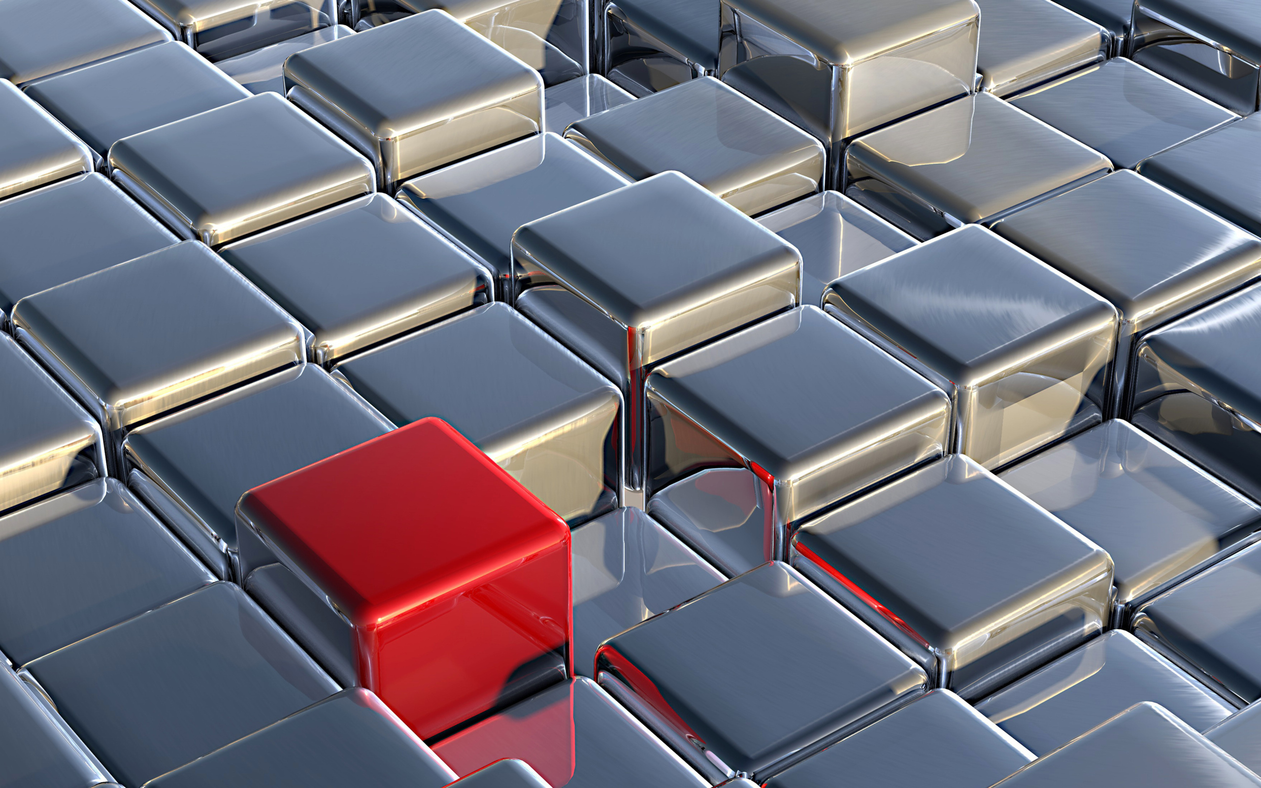 Red cube among silvery, 3d graphics