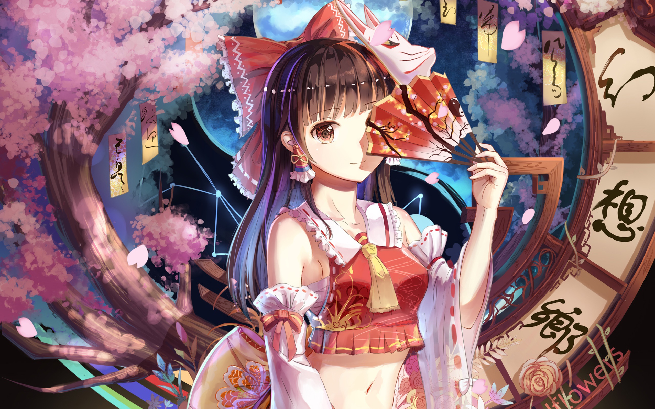 Девушка аниме Рейму Хакурей с веером в руке 