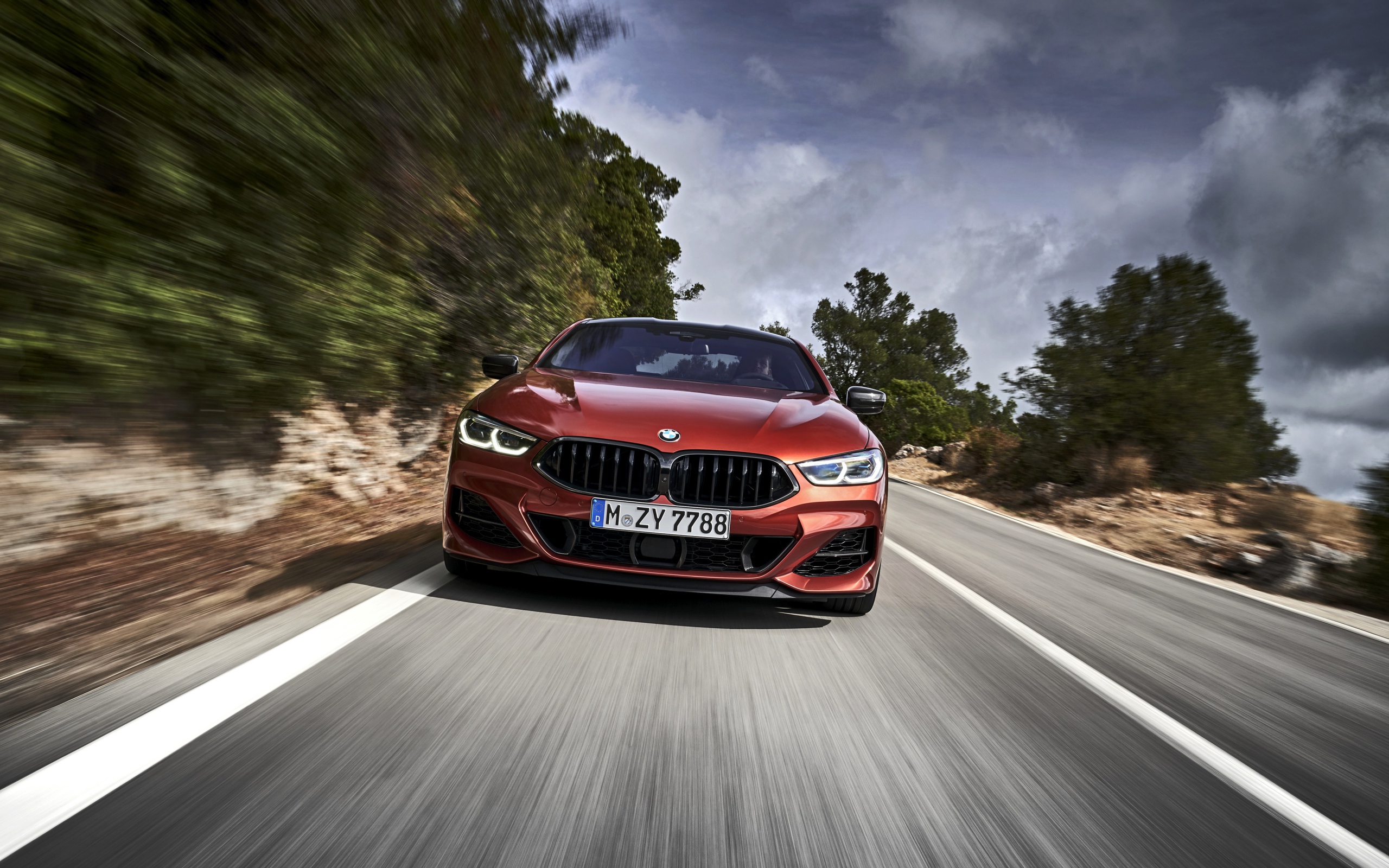 Бордовый автомобиль BMW 8 Series на трассе