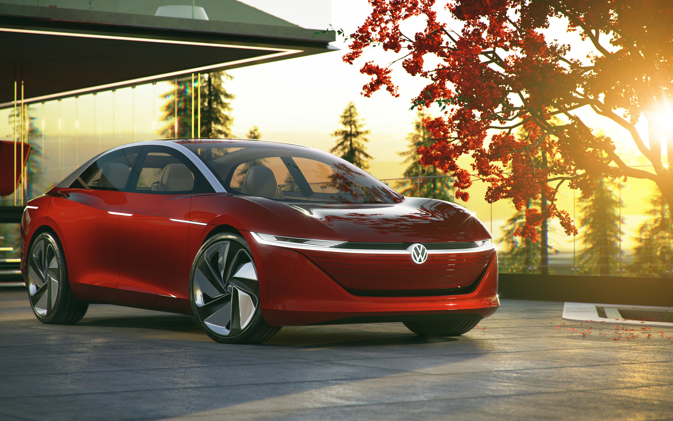 Красный автомобиль Volkswagen Id Vizzion 2018 в лучах солнца