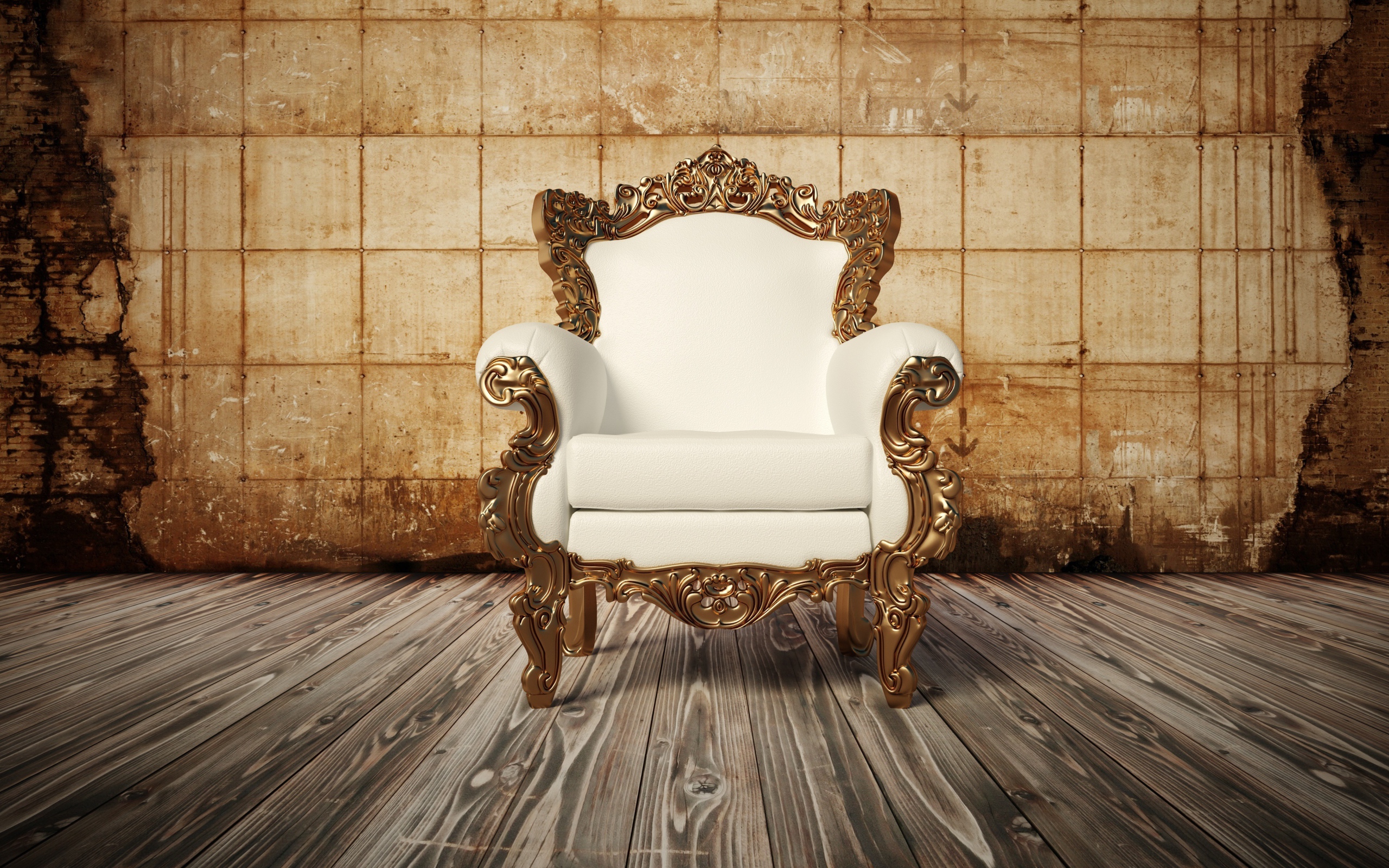 Белое новое кожаное кресло на деревянном полу у старой стены