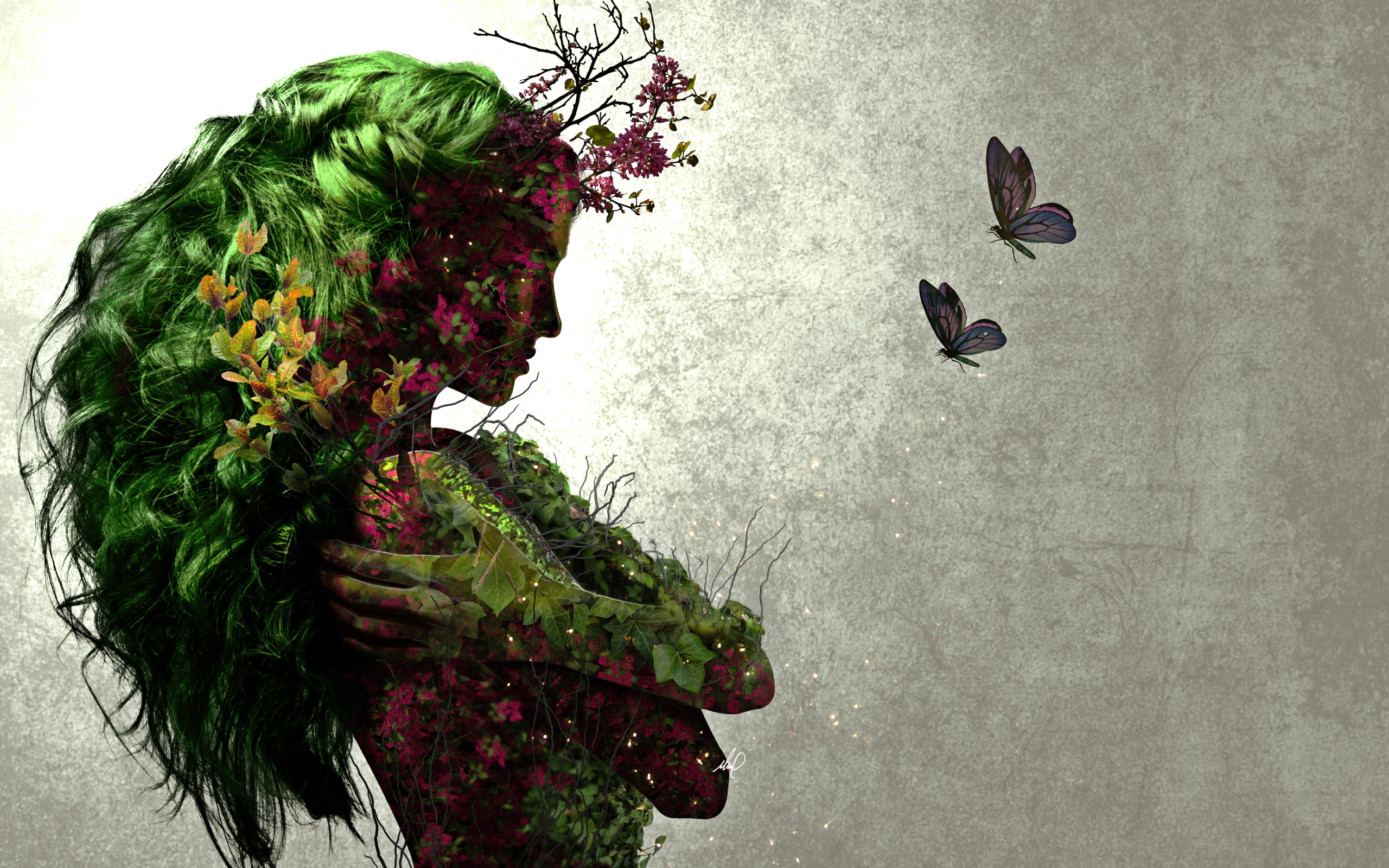 Фантастическая девушка с растениями и бабочками