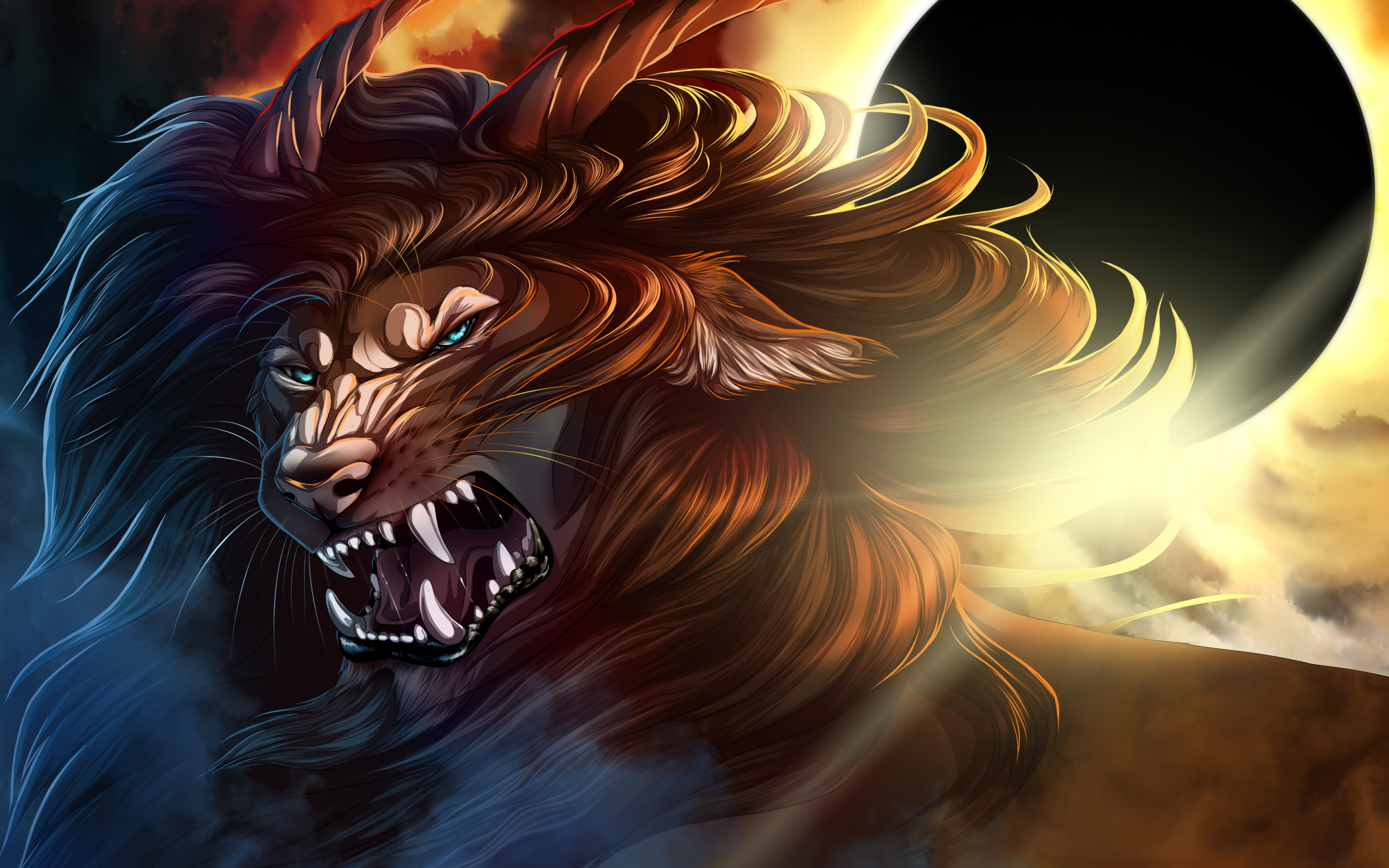 Грозный лев с рогами на фоне черной луны, фэнтези