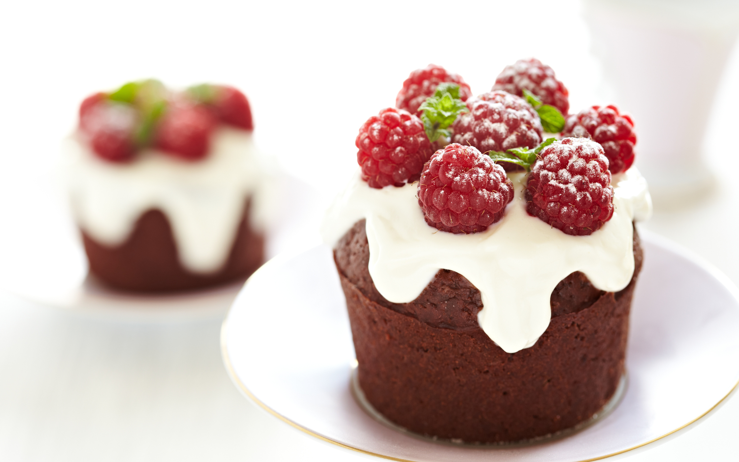 Кекс с кремом и ягодами малины на белой тарелке