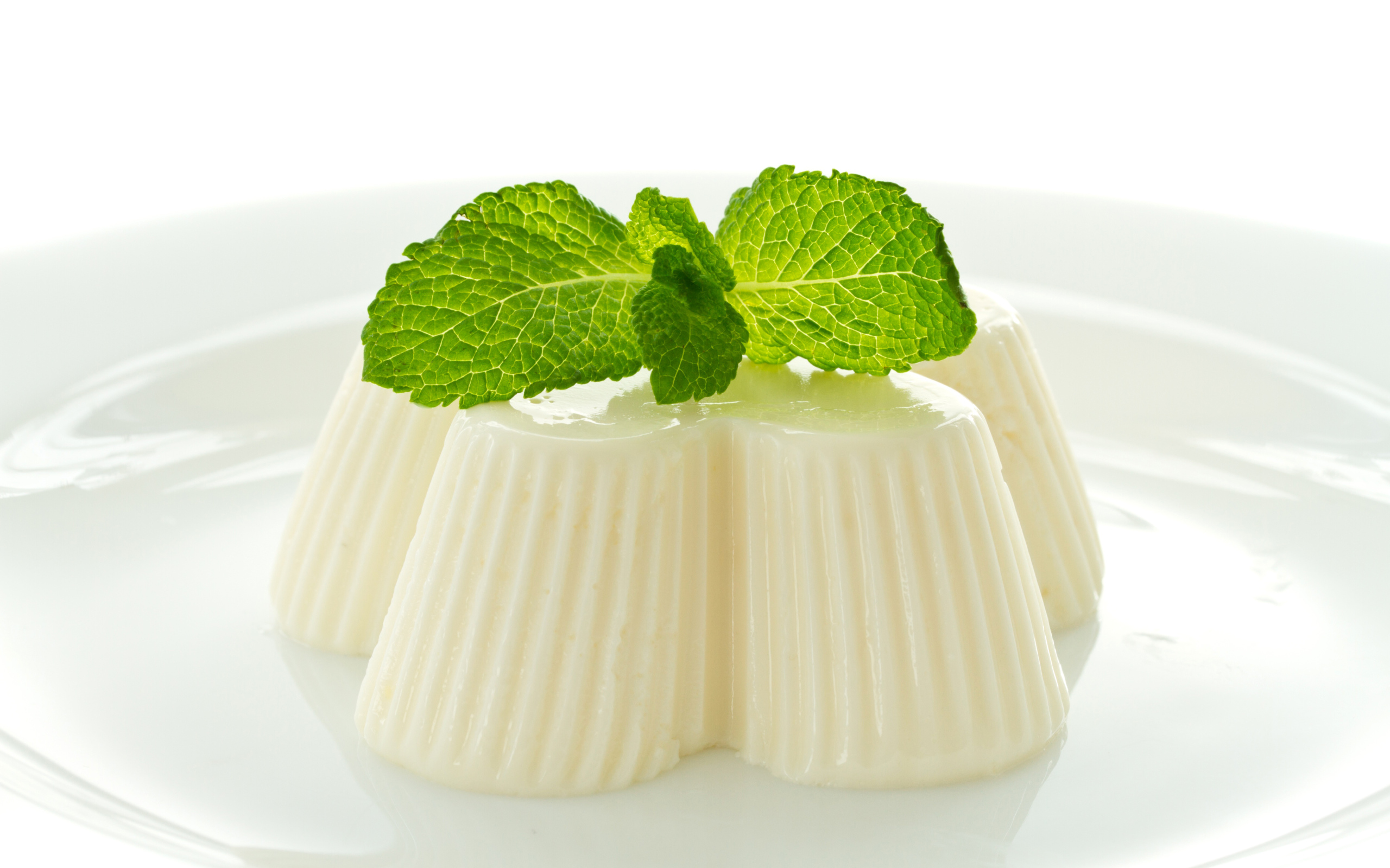 Молочное желе с мятой на белой тарелке 