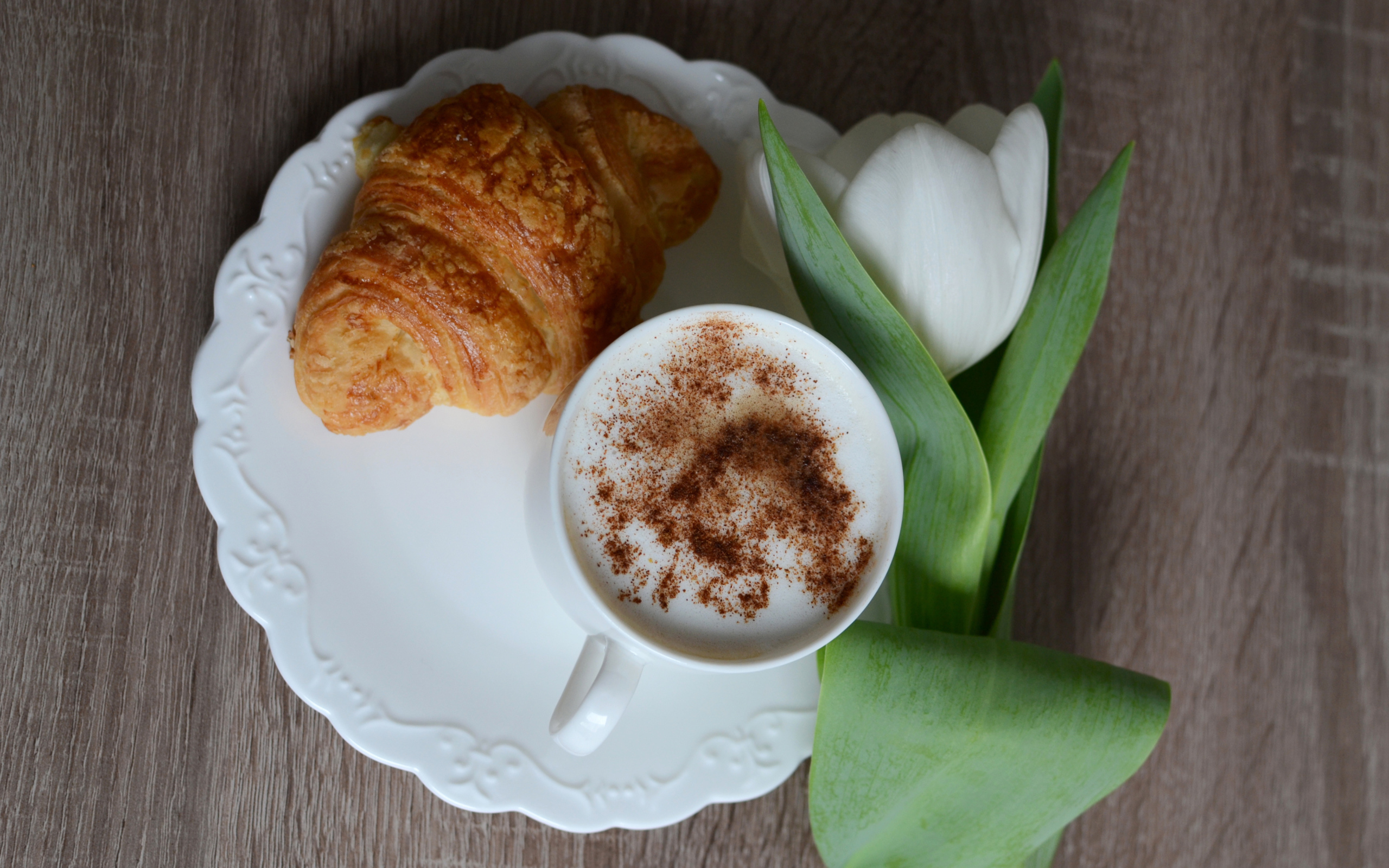 Круассан, чашка капучино и белый тюльпан для любимой