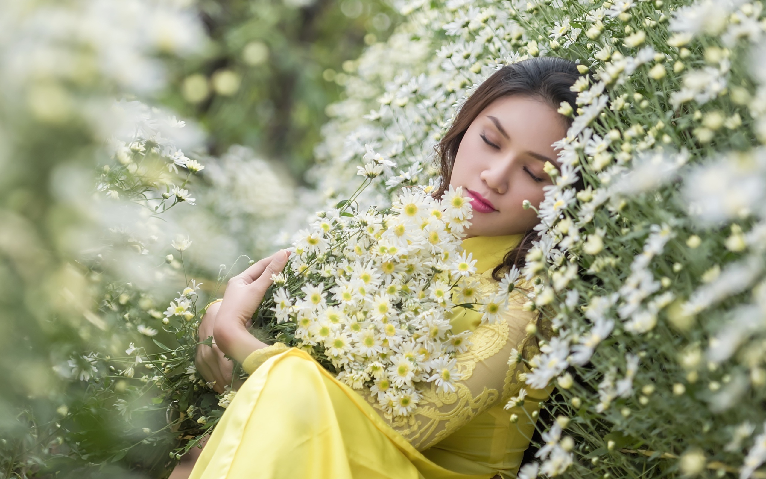 Молодая девушка лежит с букетом белых ромашек