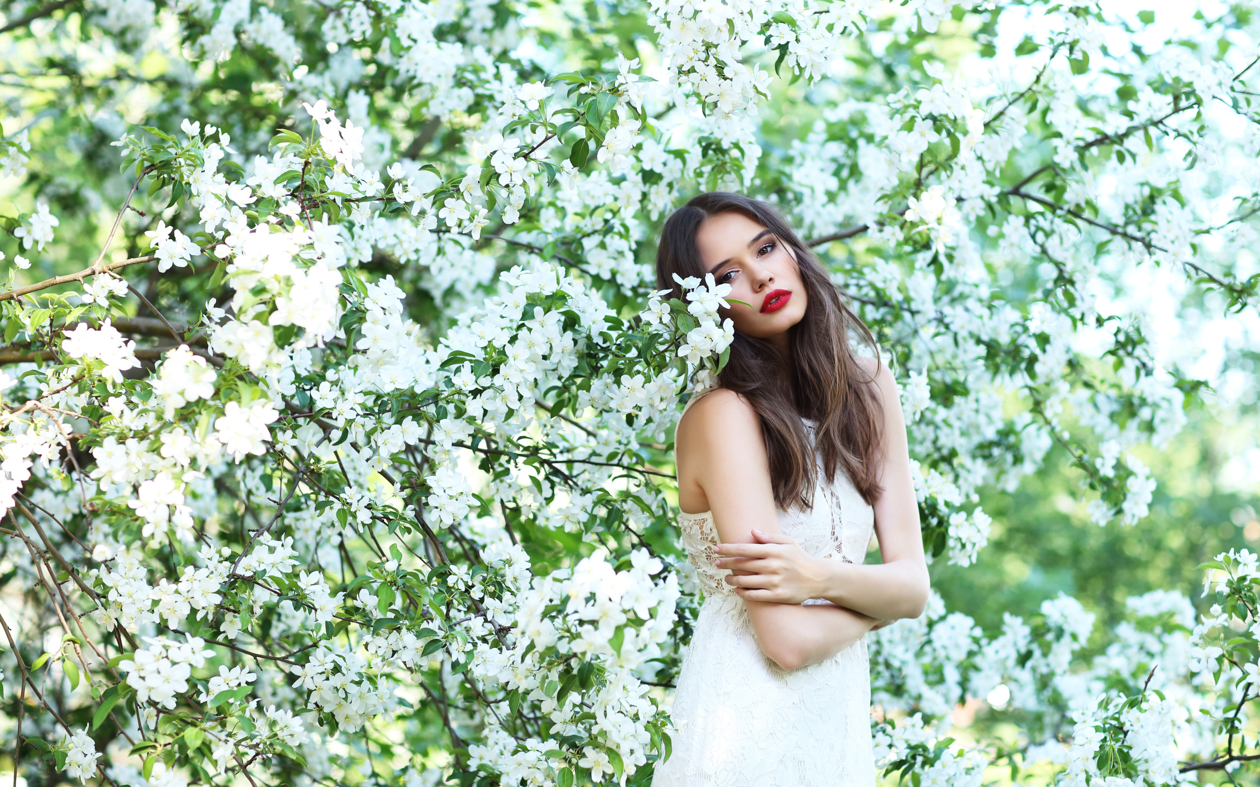 Красивая шатенка в цветущих ветках яблони