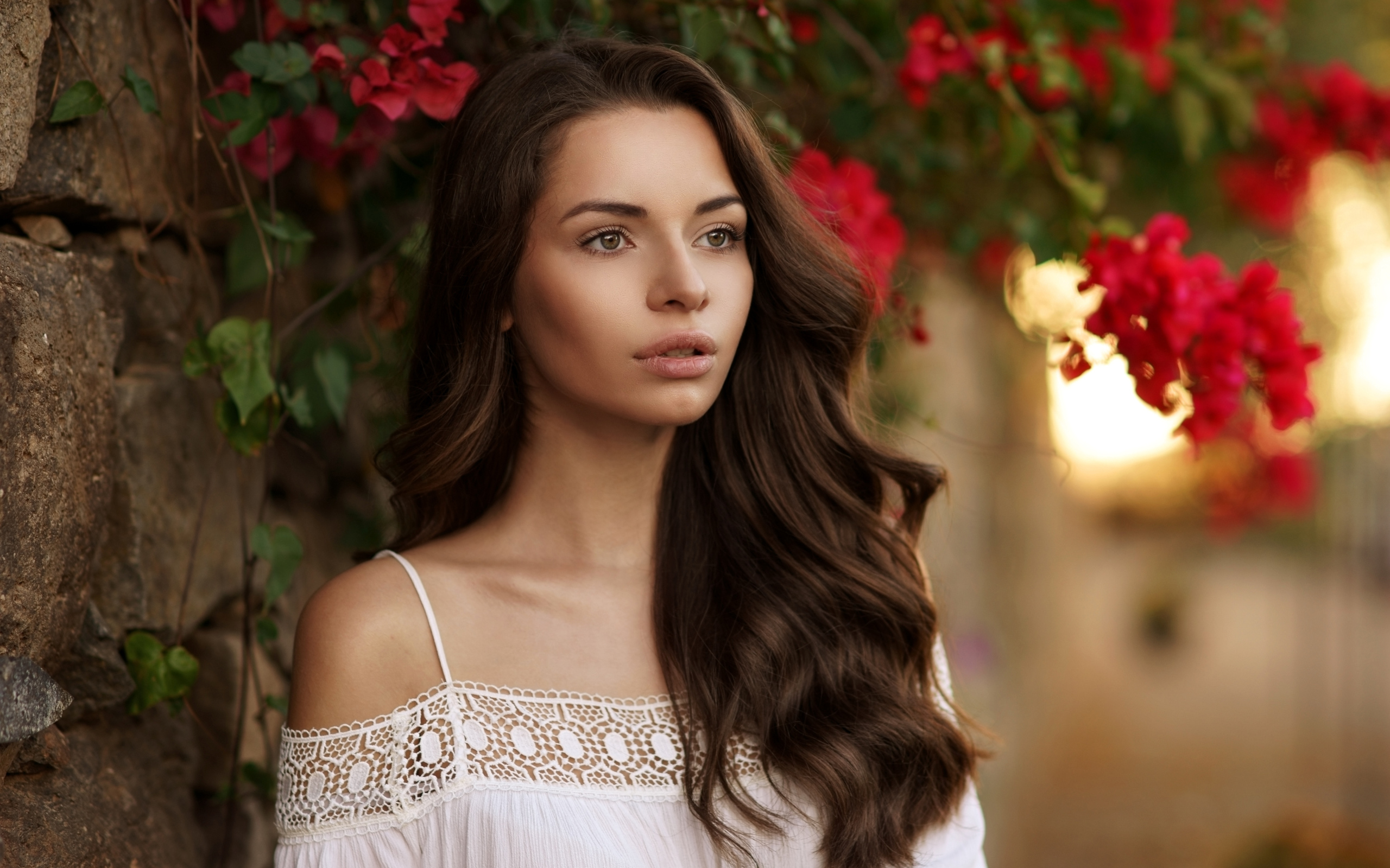 Красивая шатенка у стены на фоне красных цветов