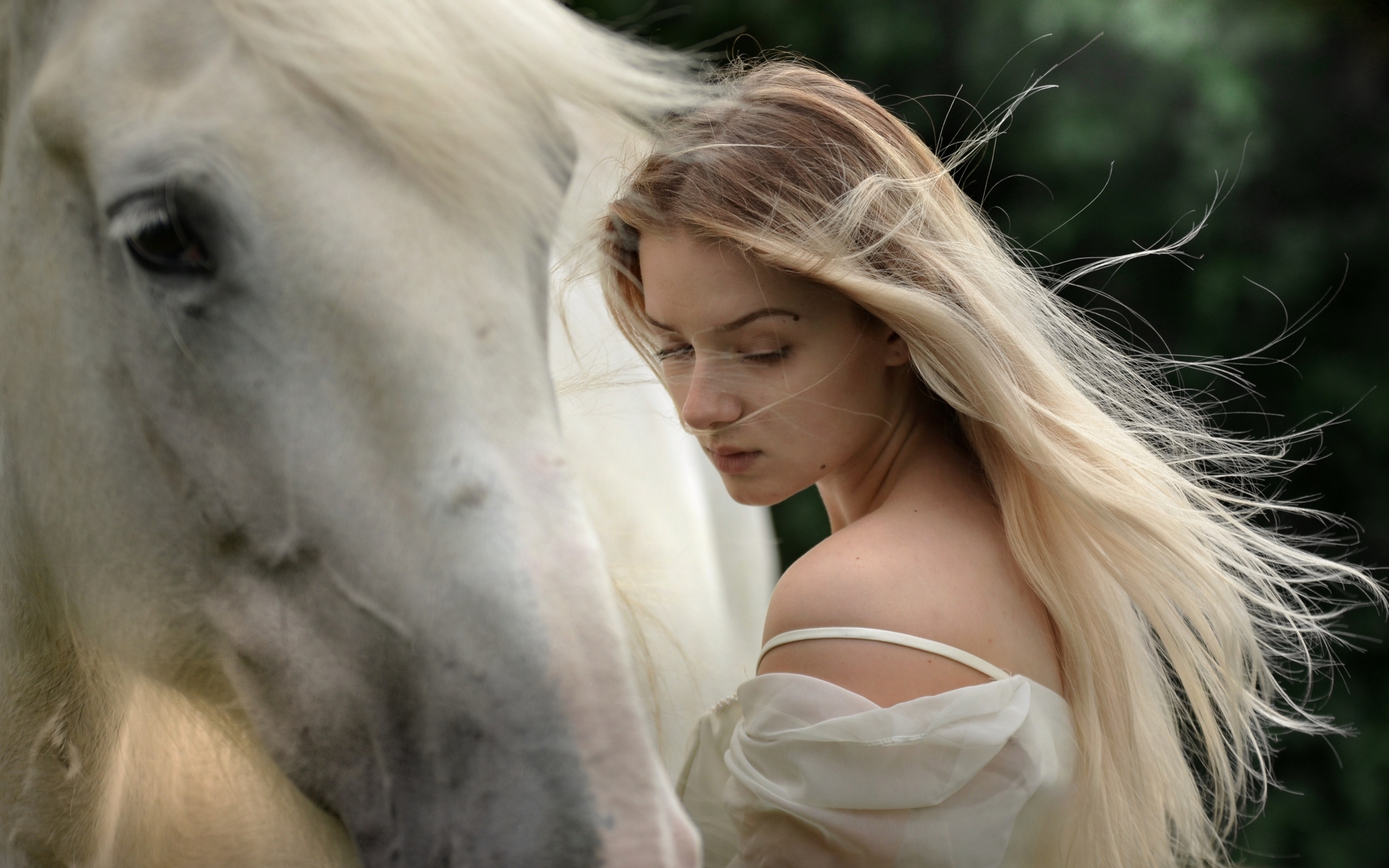 Красивая длинноволосая блондинка с конем
