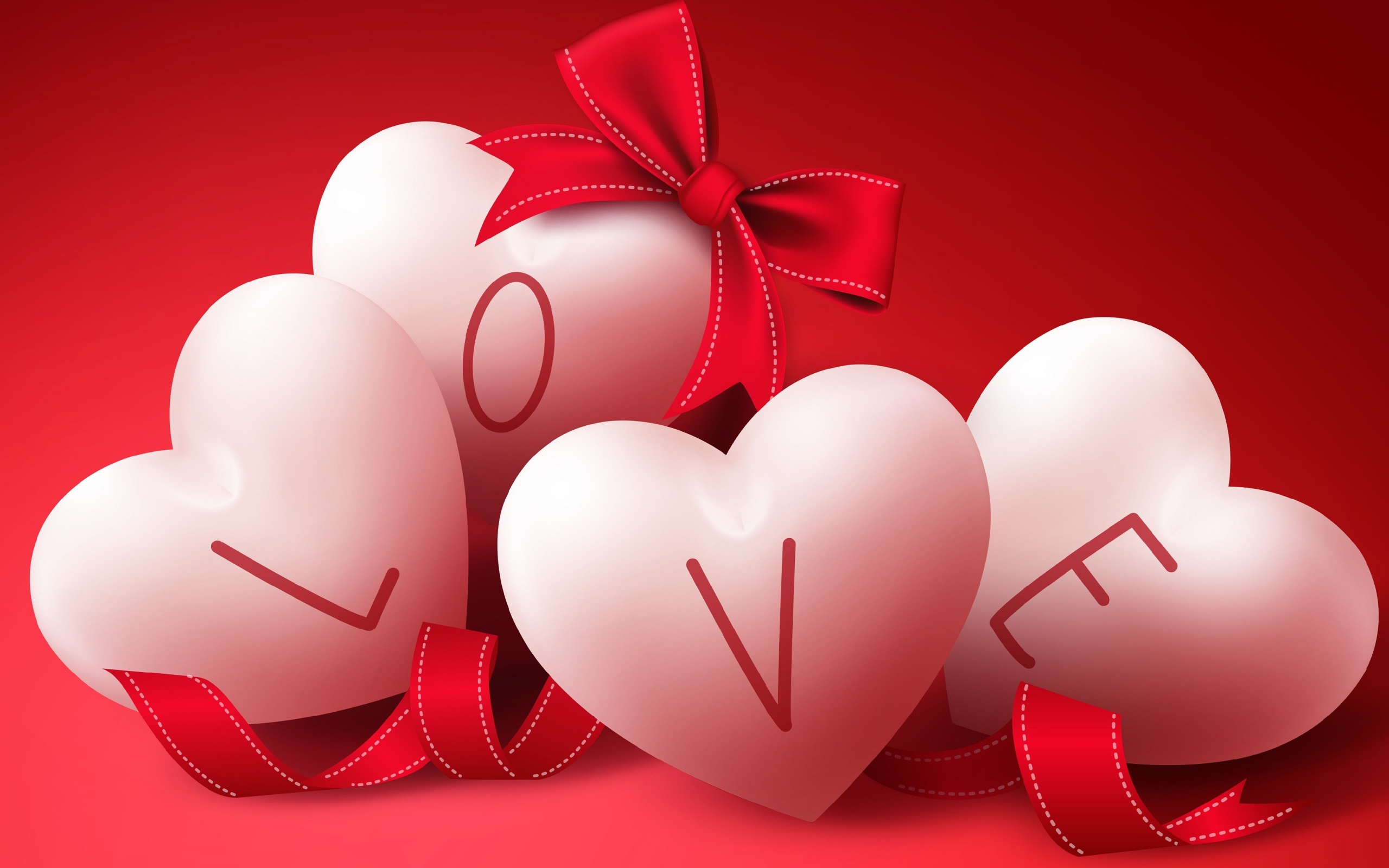 Большие белые сердечки на красном фоне с бантом