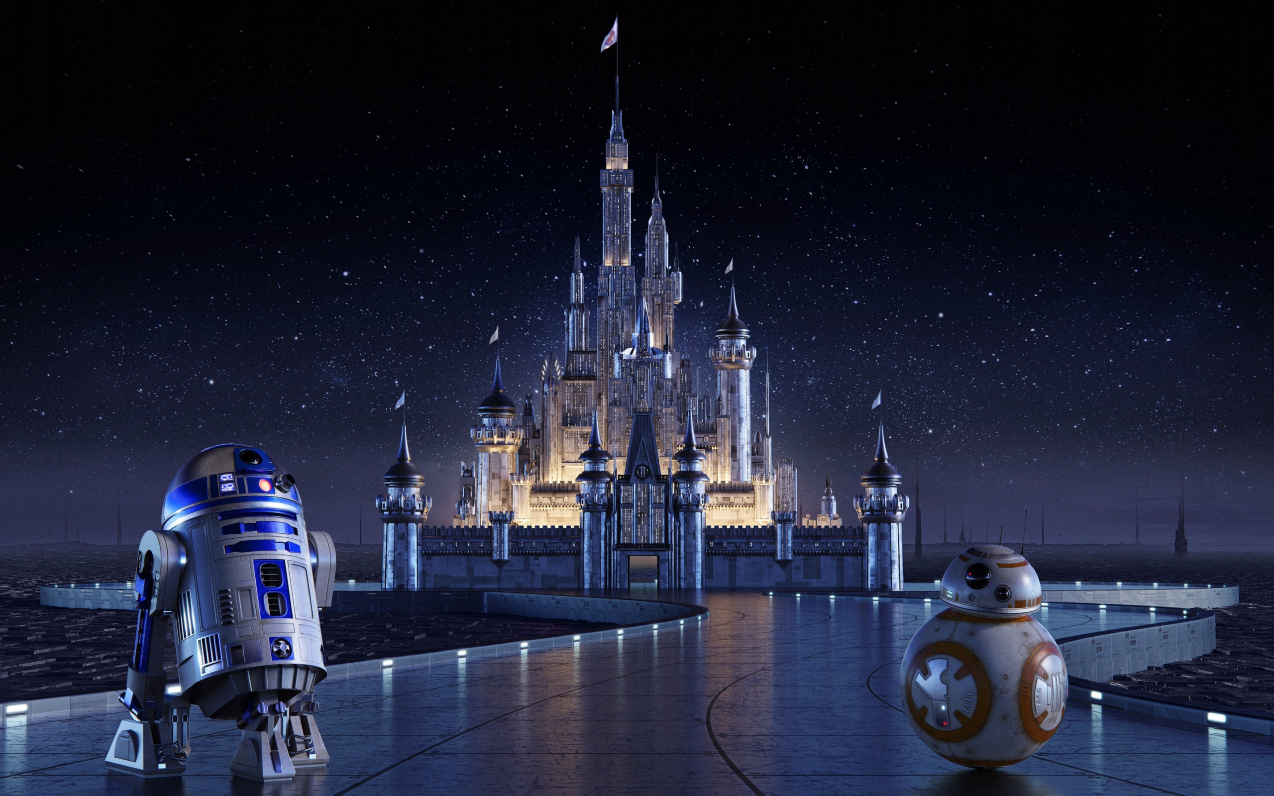 Роботы R2-D2 и BB-8 на фоне замка Disney