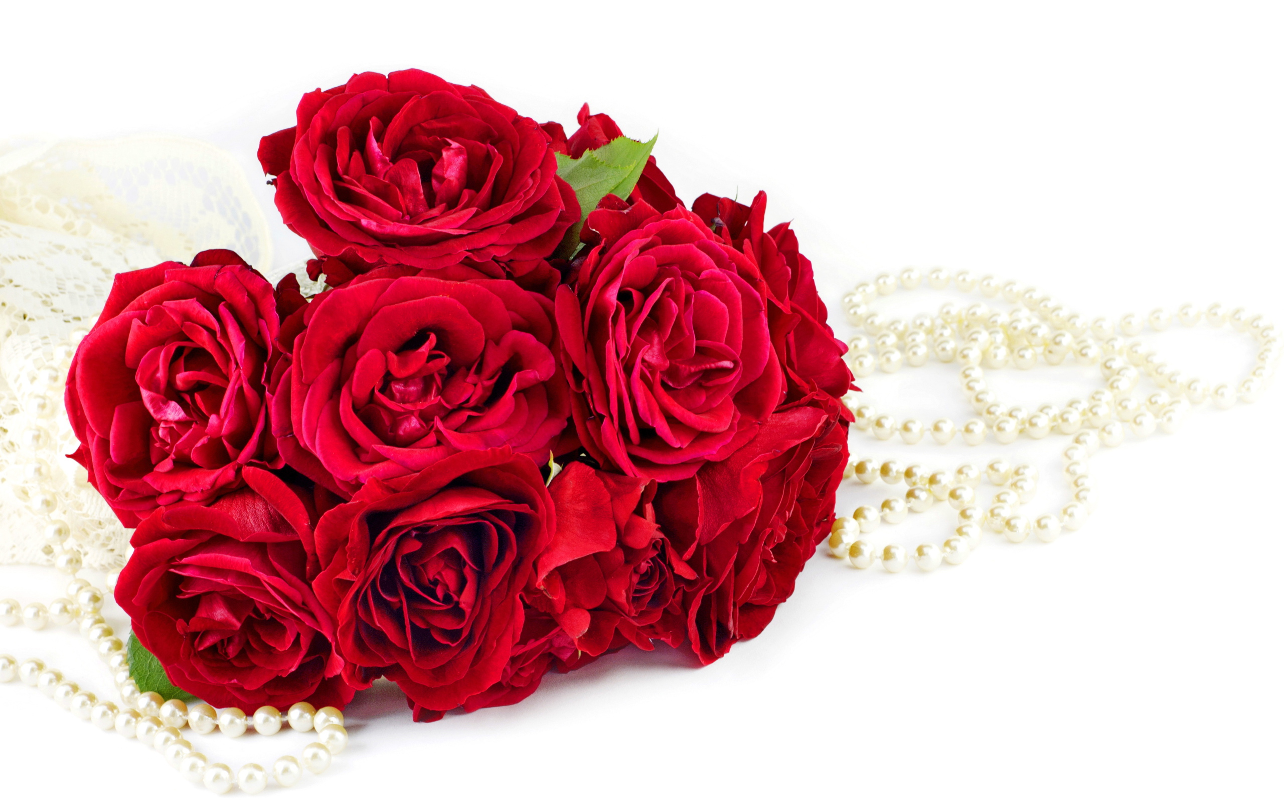 Красивый букет красных роз с бусами на белом фоне