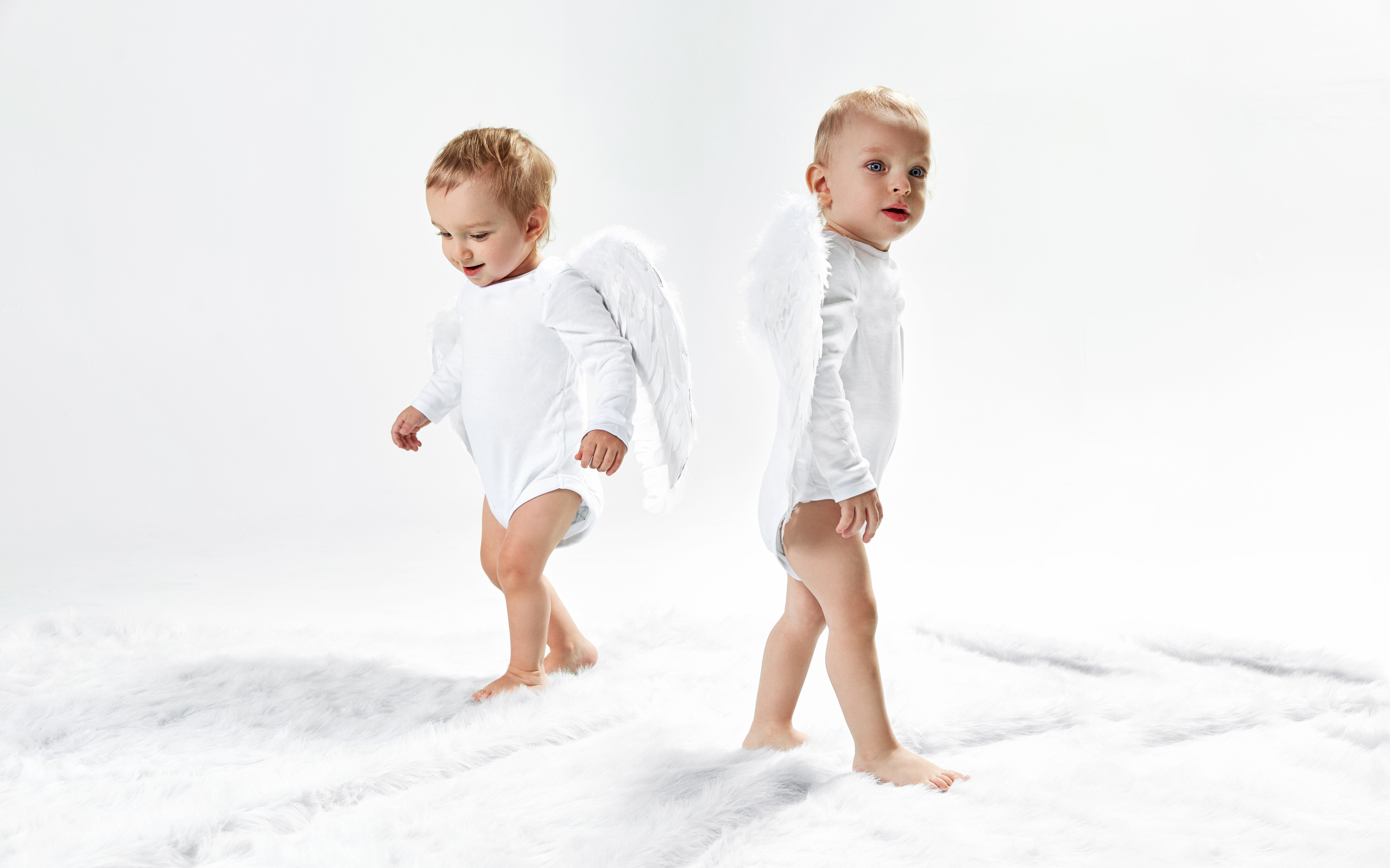 Два маленьких мальчика в костюмах ангела на белом фоне