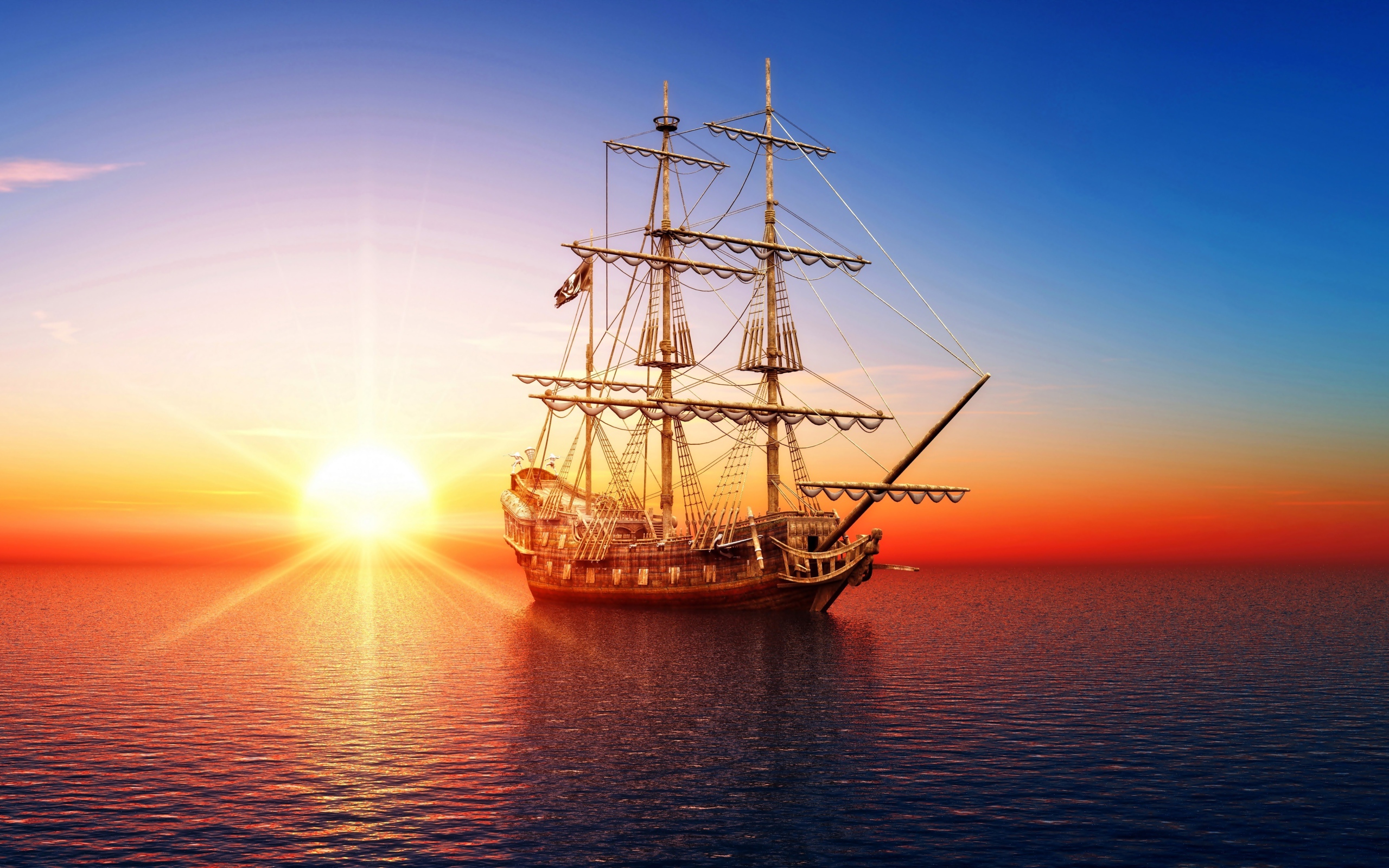 Большой пиратский корабль в море на закате солнца