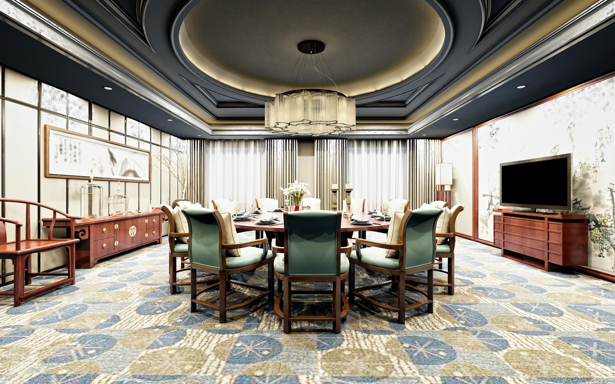 Большая гостиная комната со столом и большой люстрой