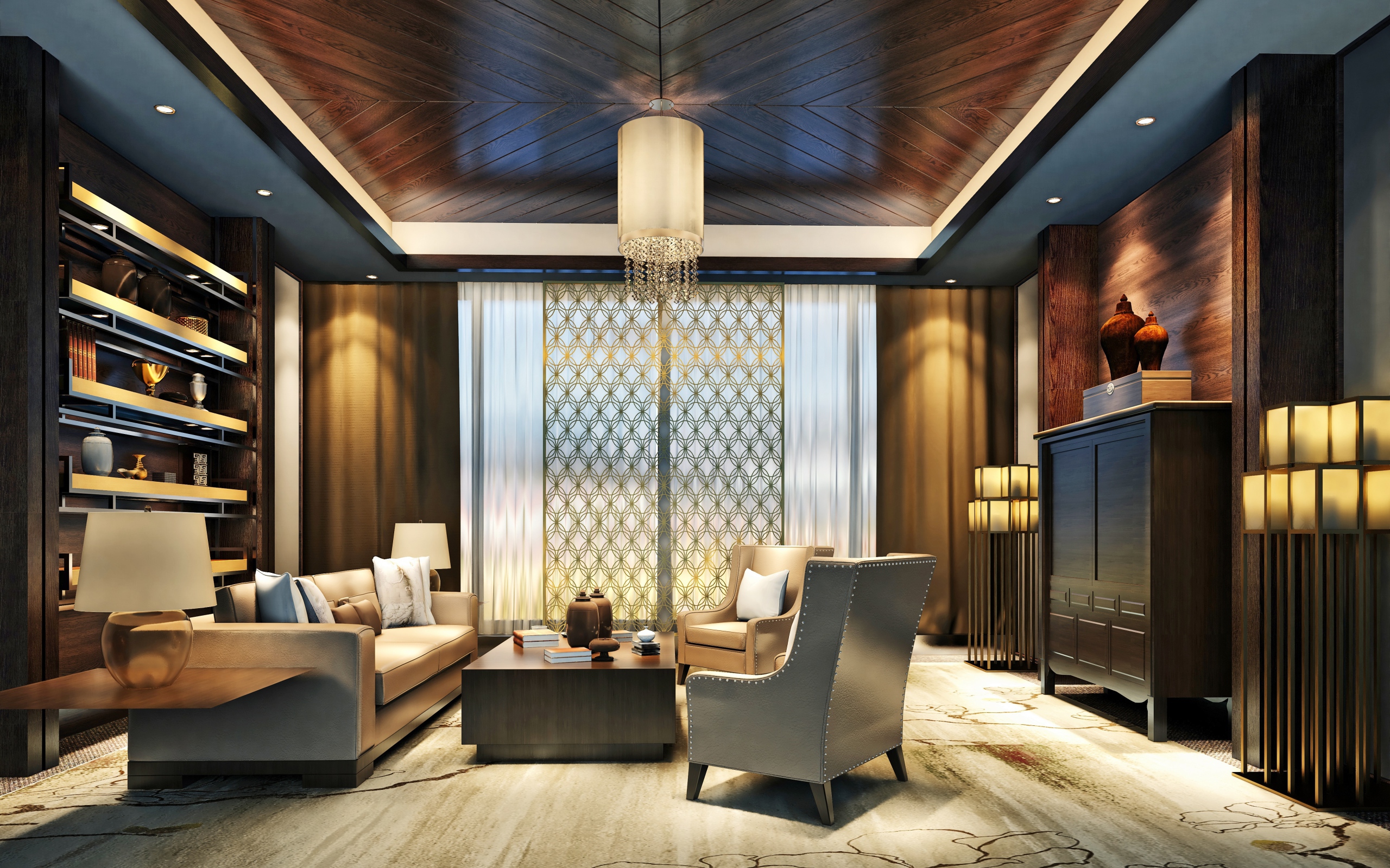 Стильная гостиная с деревянной отделкой