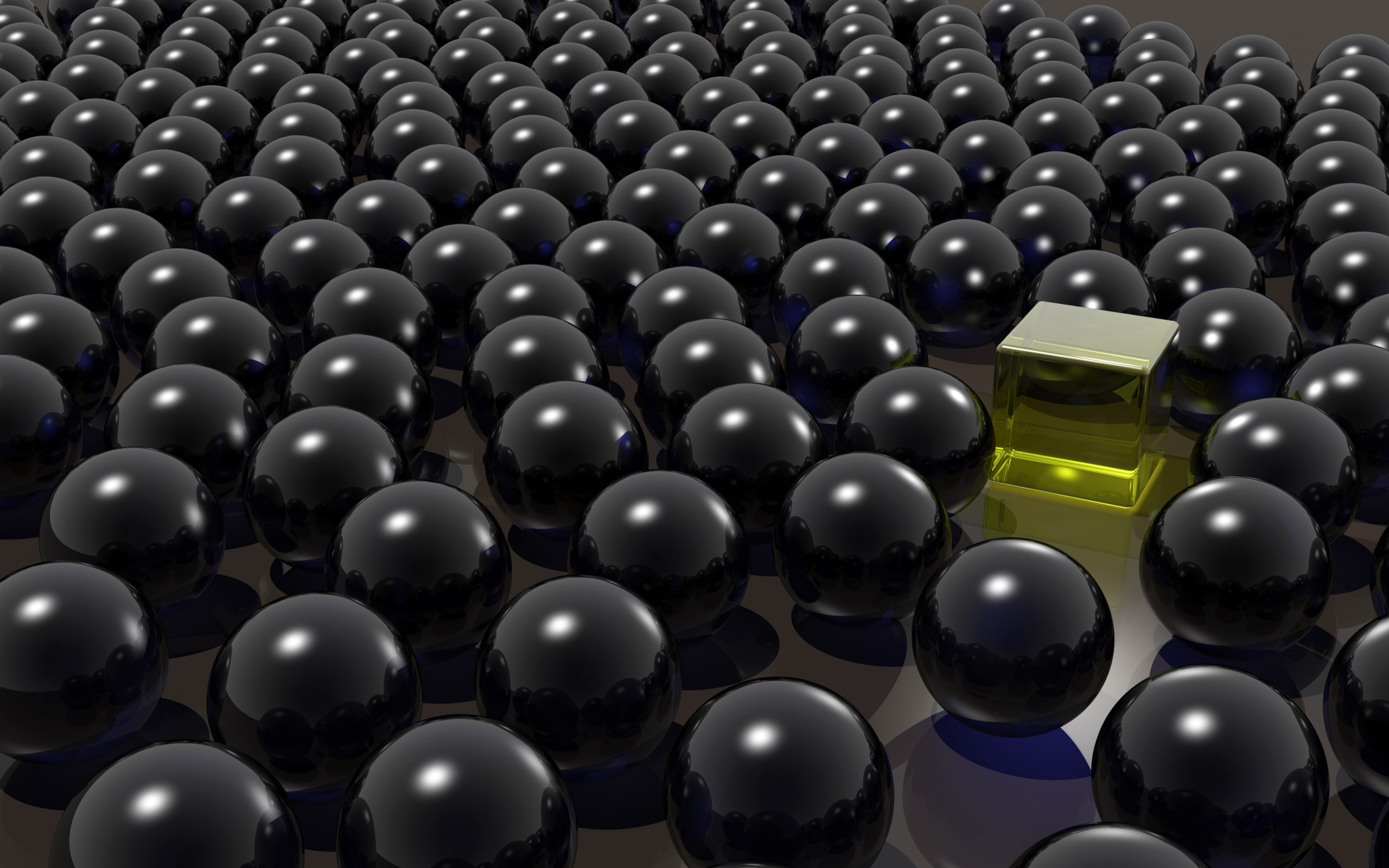 Желтый куб среди черных шаров 3д графика