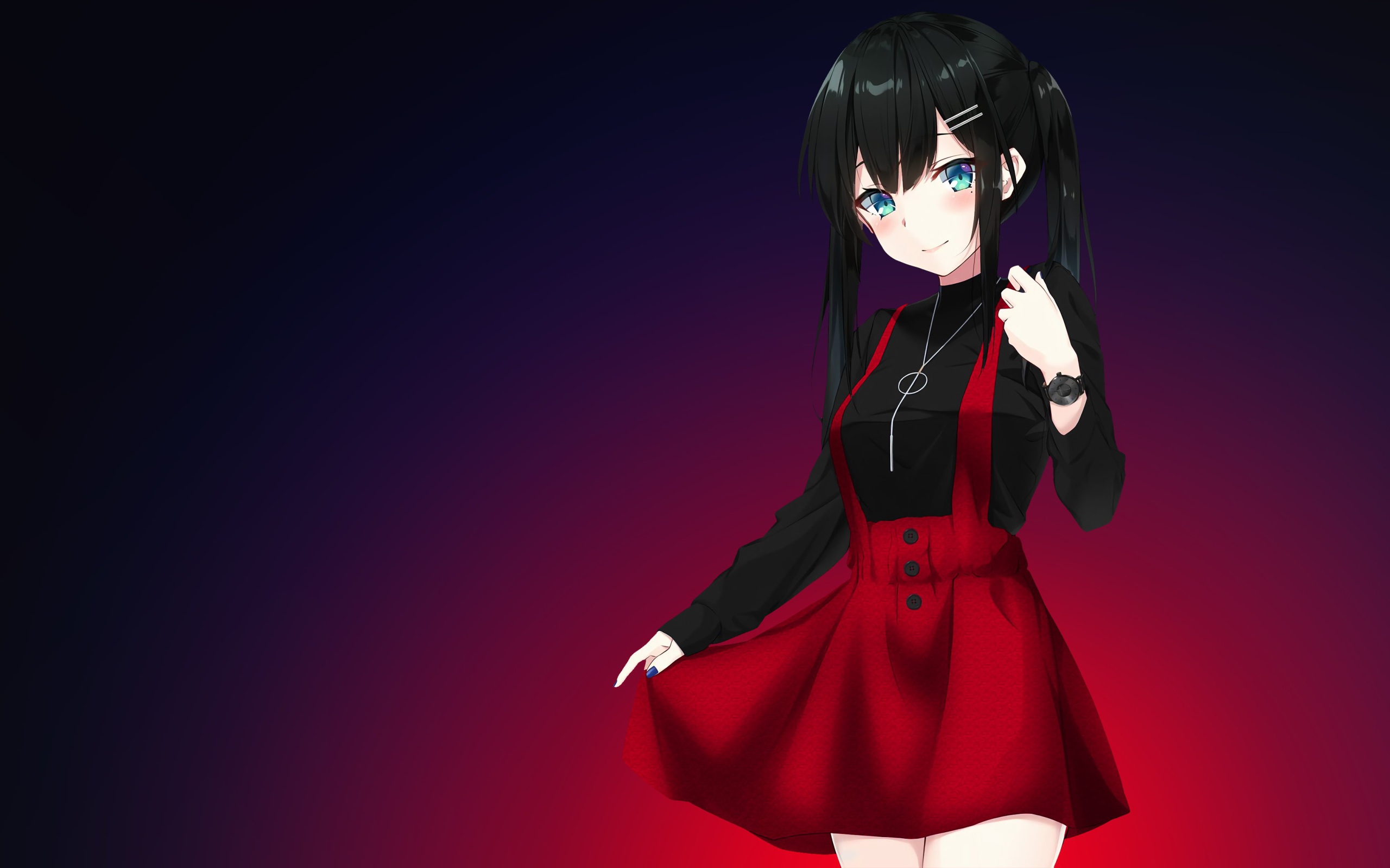 Голубоглазая девушка аниме на фиолетовом фоне