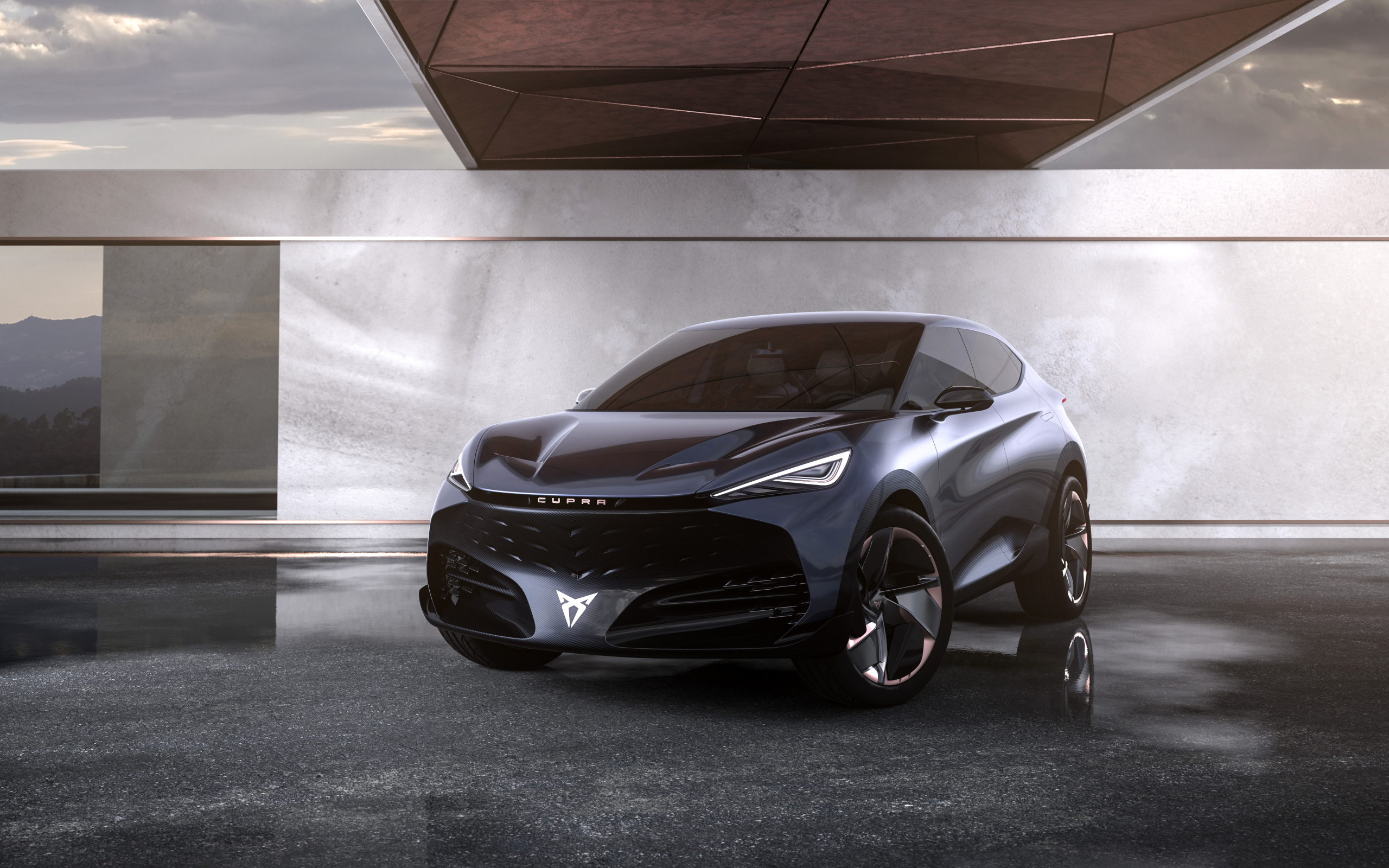 Черный автомобиль Cupra Tavascan Concept в здании 