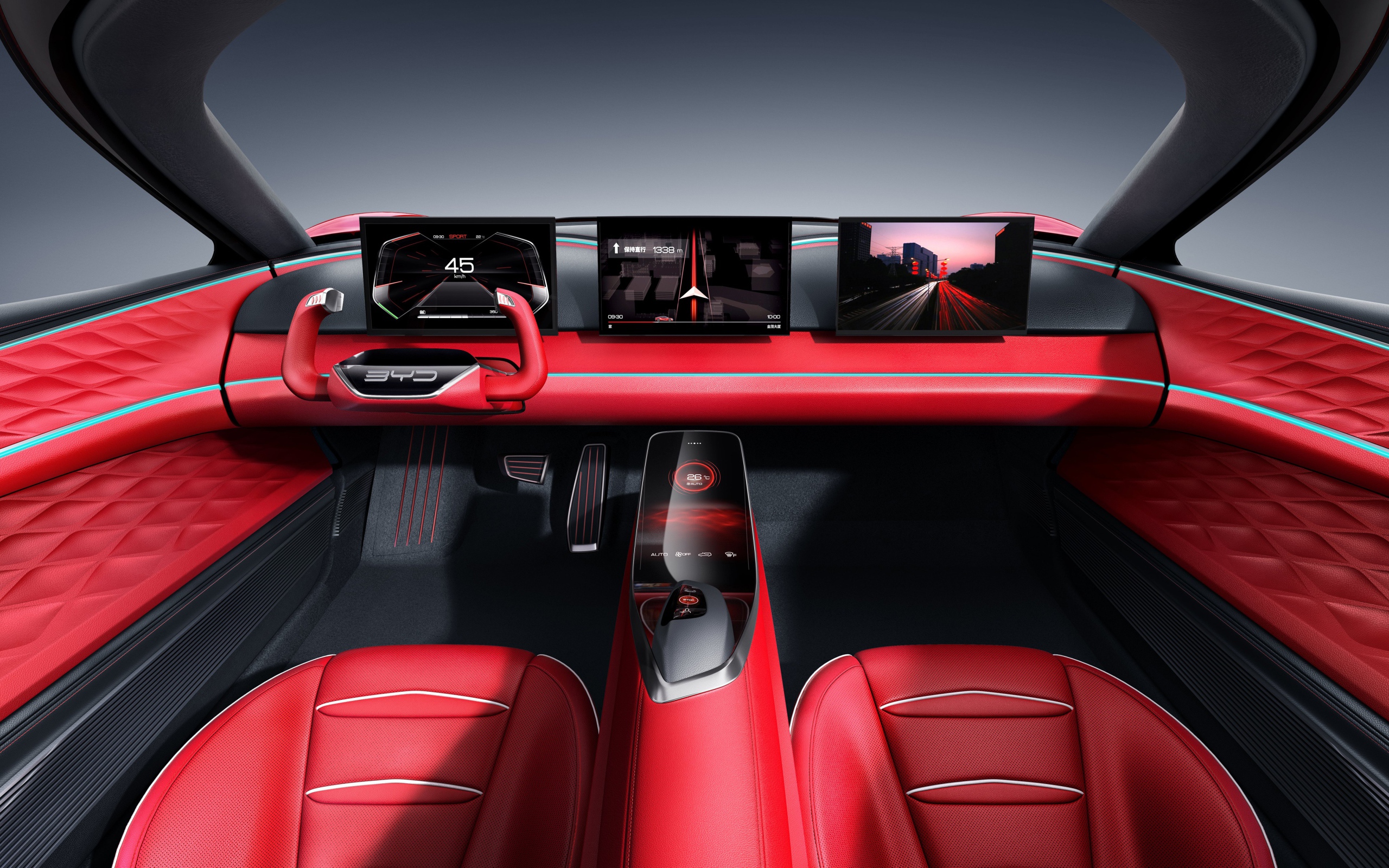 Красный кожаный салон автомобиля BYD E-SEED GT,  2019