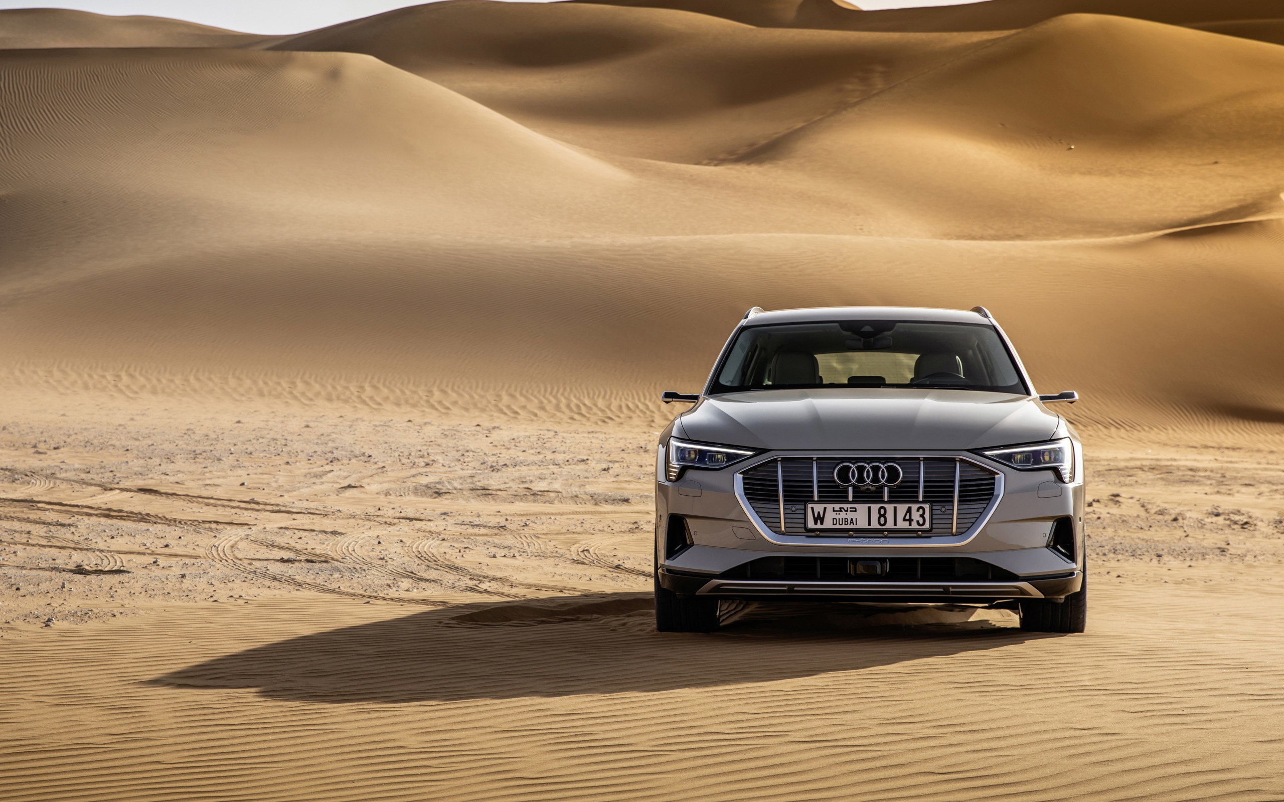 Silver car Audi E-tron Quattro in the desert