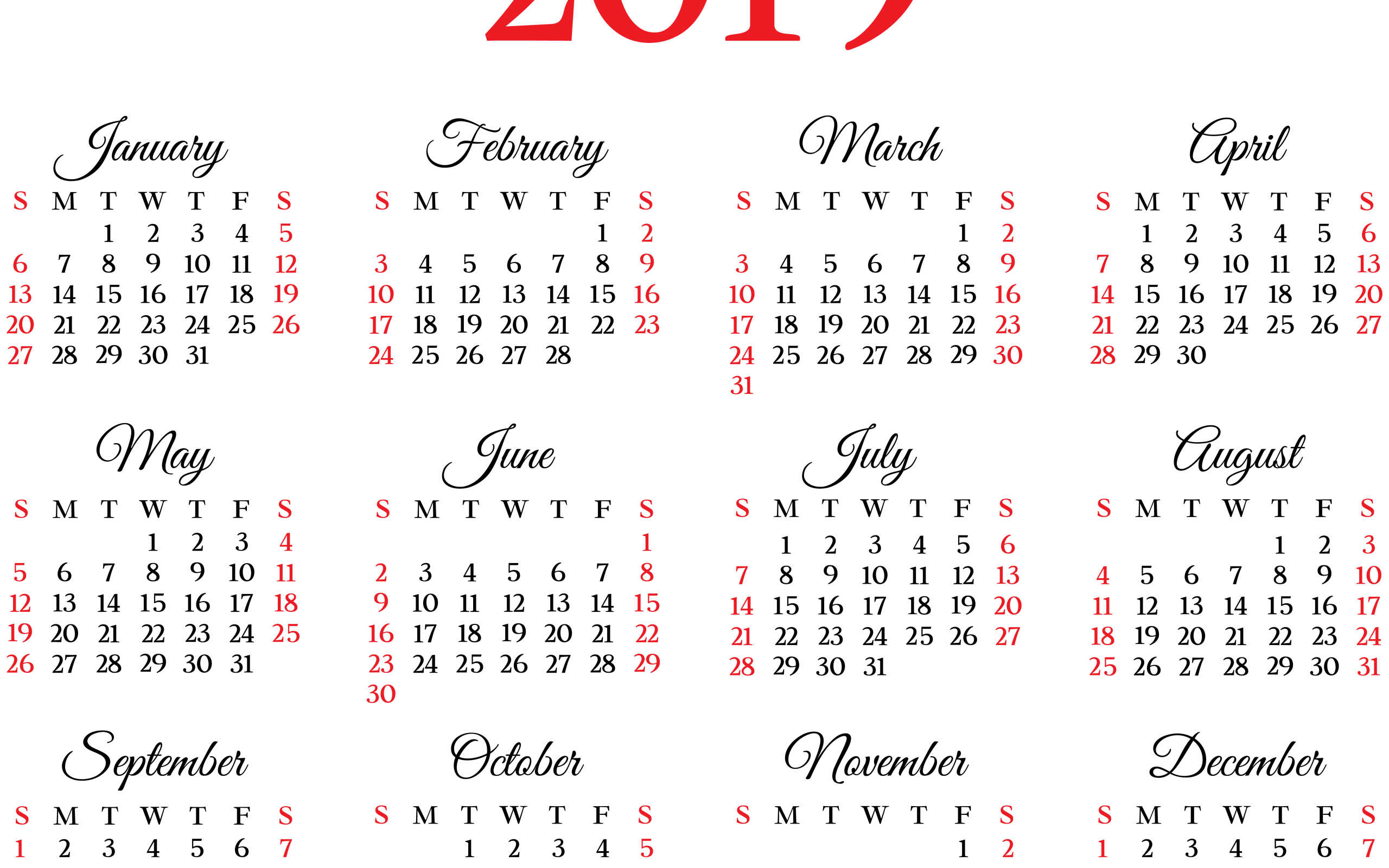 Календарь на 2019 года на белом фоне