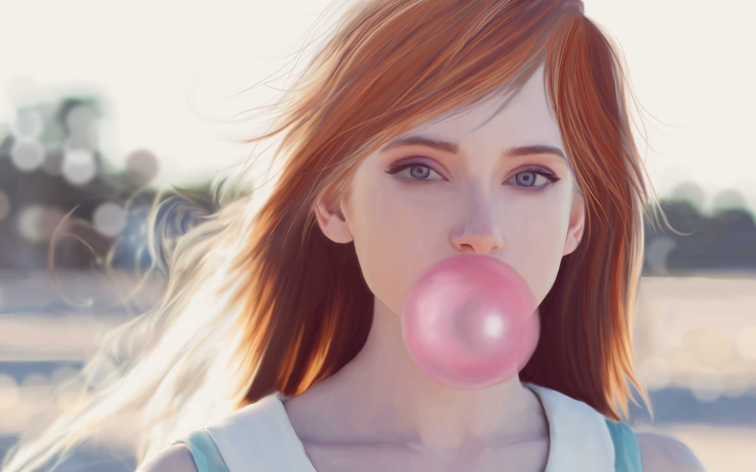 Нарисованная девушка с жвачкой во рту