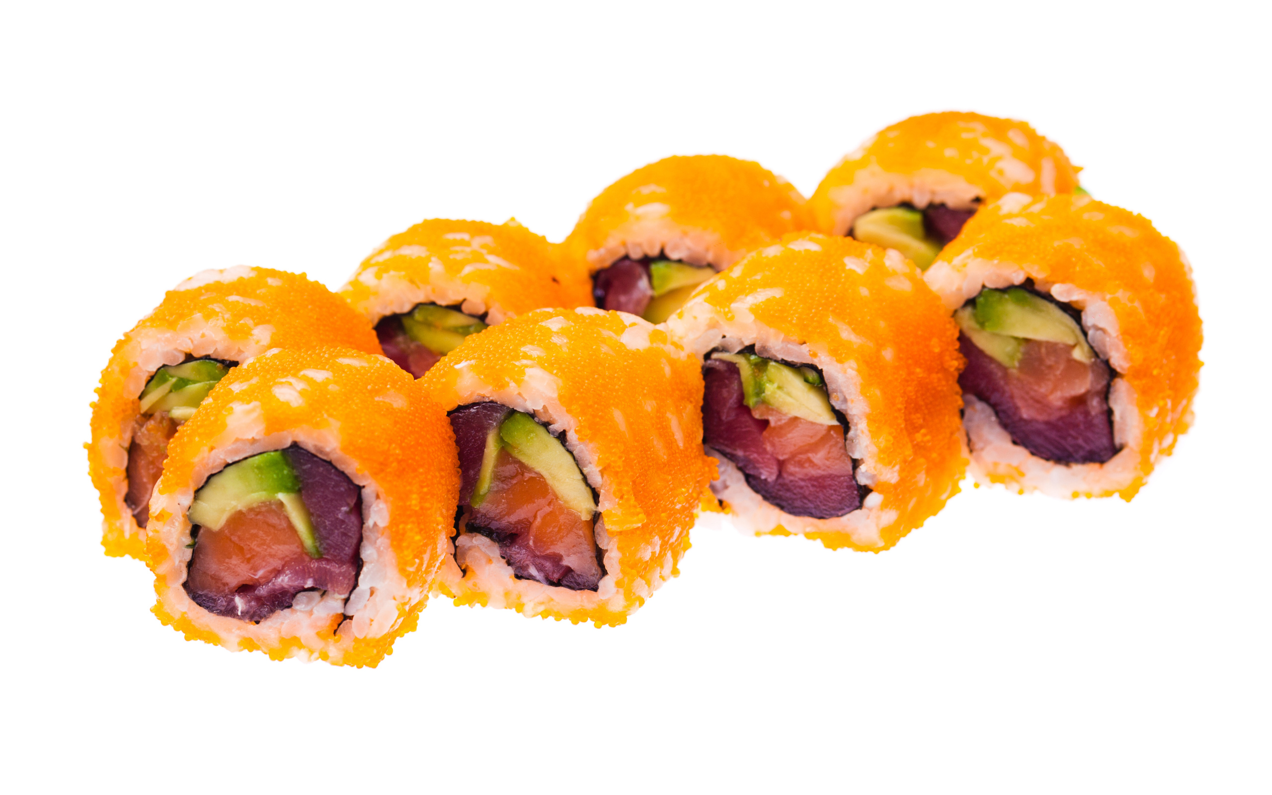 Роллы с красной икрой на белом фоне 