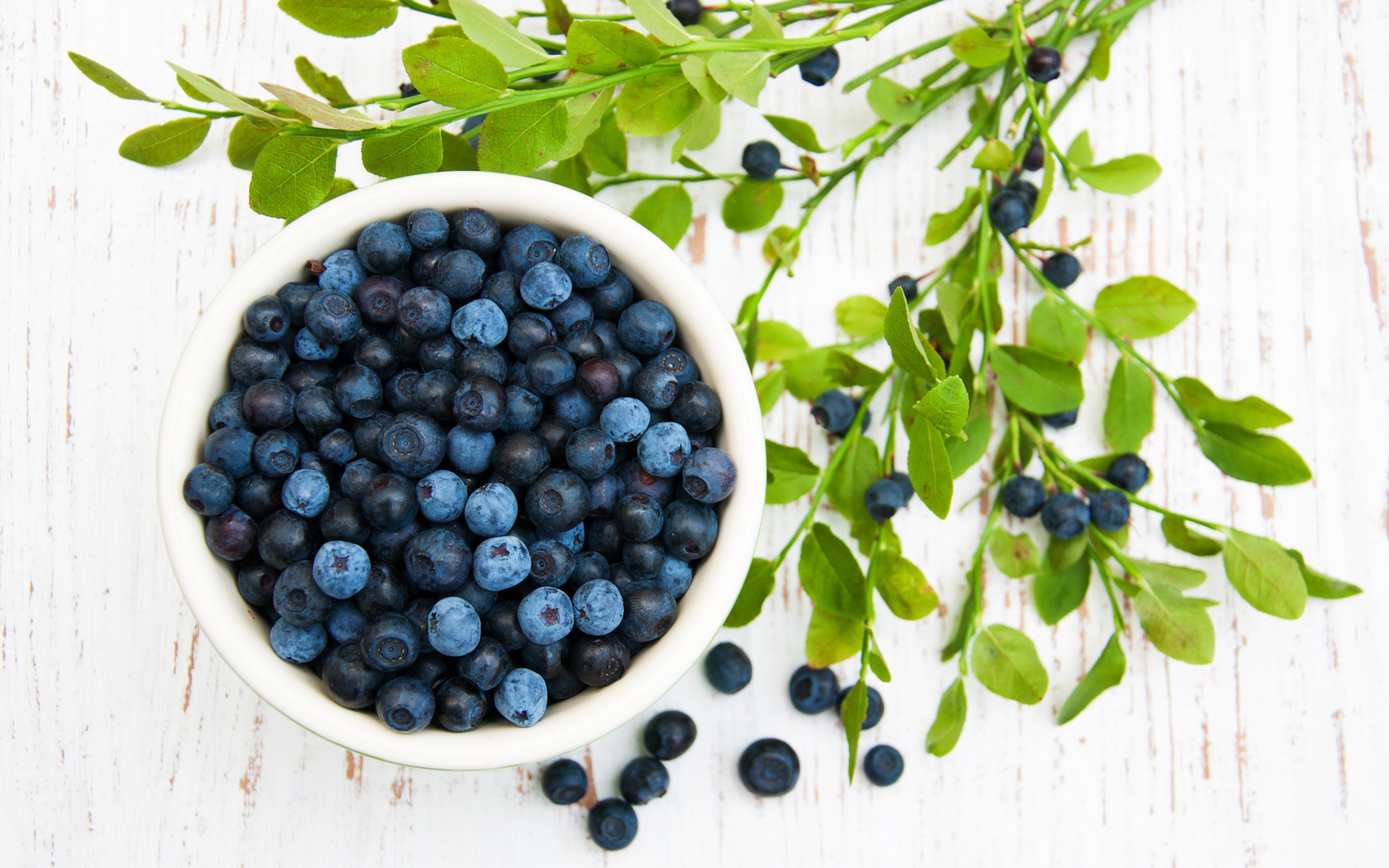 Свежие ягоды черники на столе с ветками