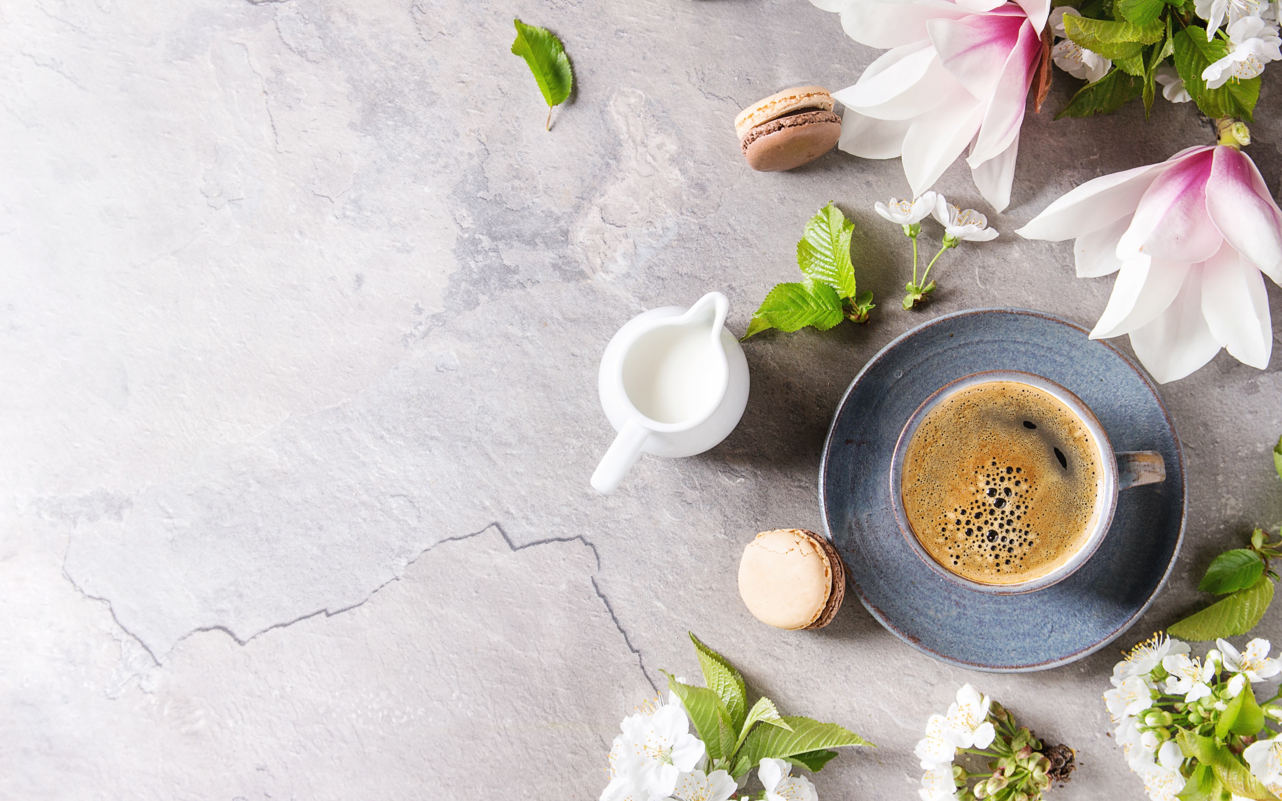 Чашка кофе на сером фоне с цветами вишни и магнолии