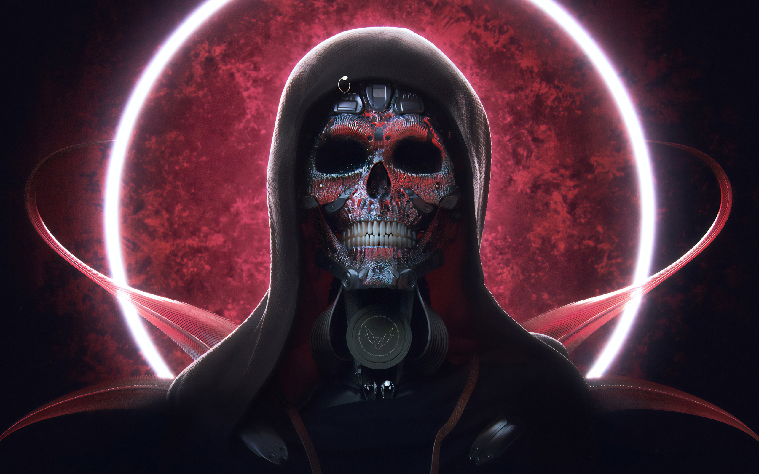 Киборг в черном балахоне на фоне красной луны