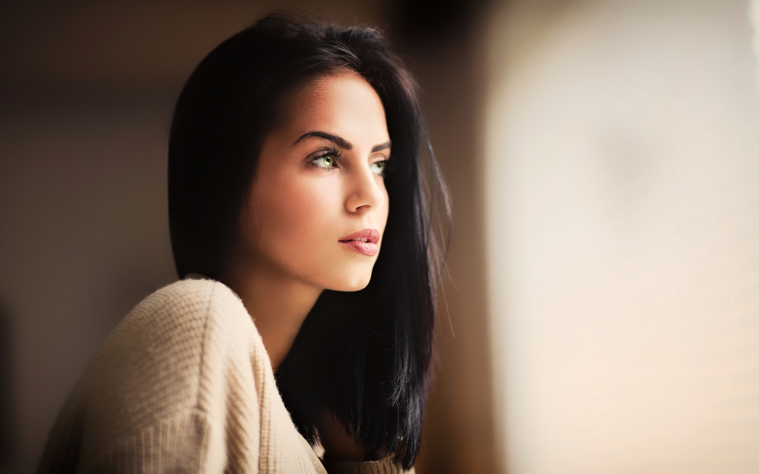 Красивая девушка зеленоглазая смотрит в окно 