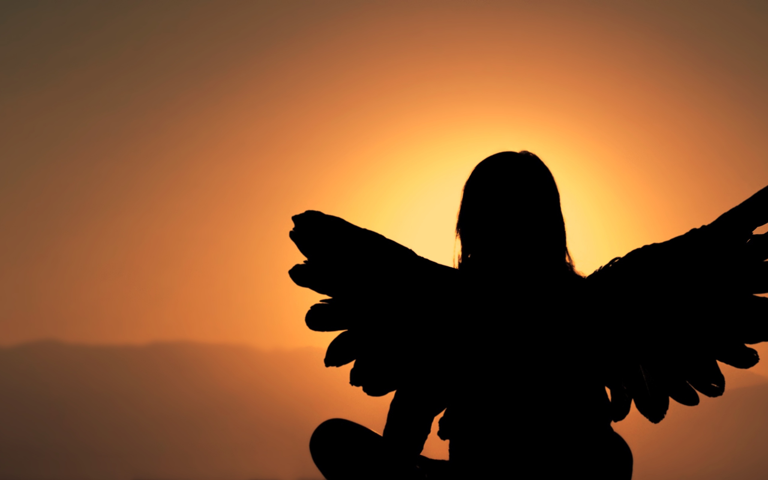 Силуэт девушки с крыльями ангела на фоне заката