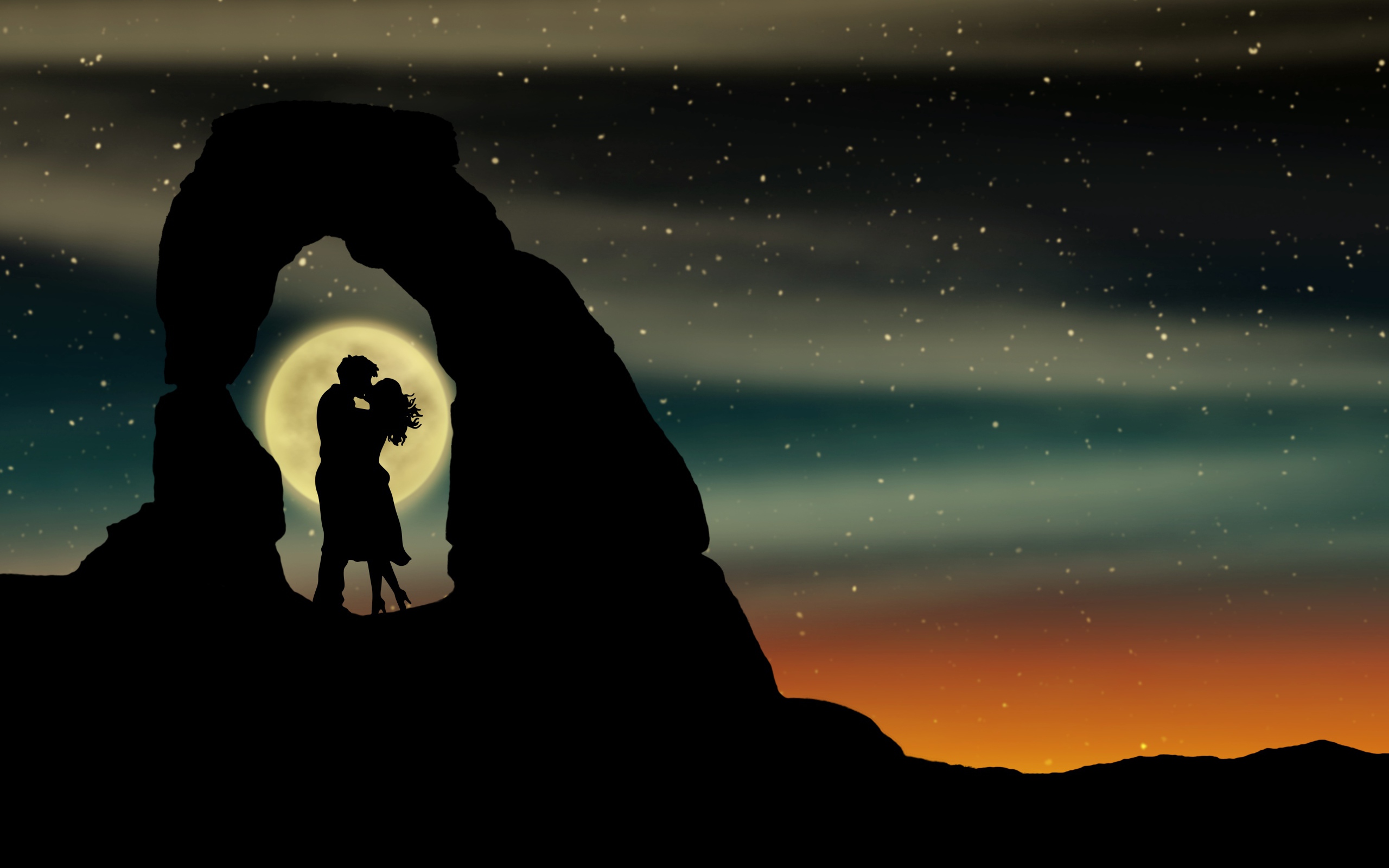 Поцелуй влюбленной пары в горах на фоне луны