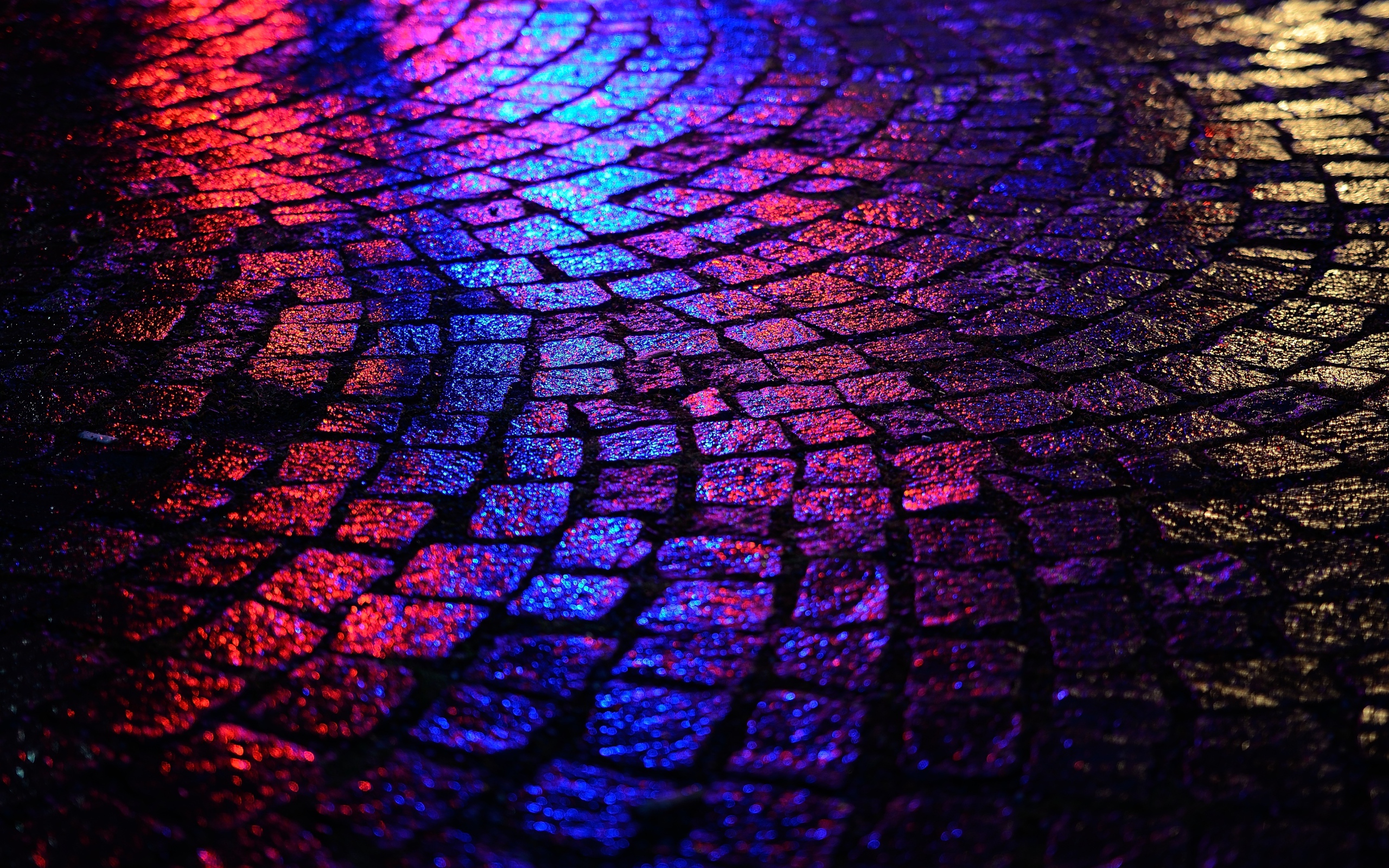 Мокрая брусчатка в неоновом свете 