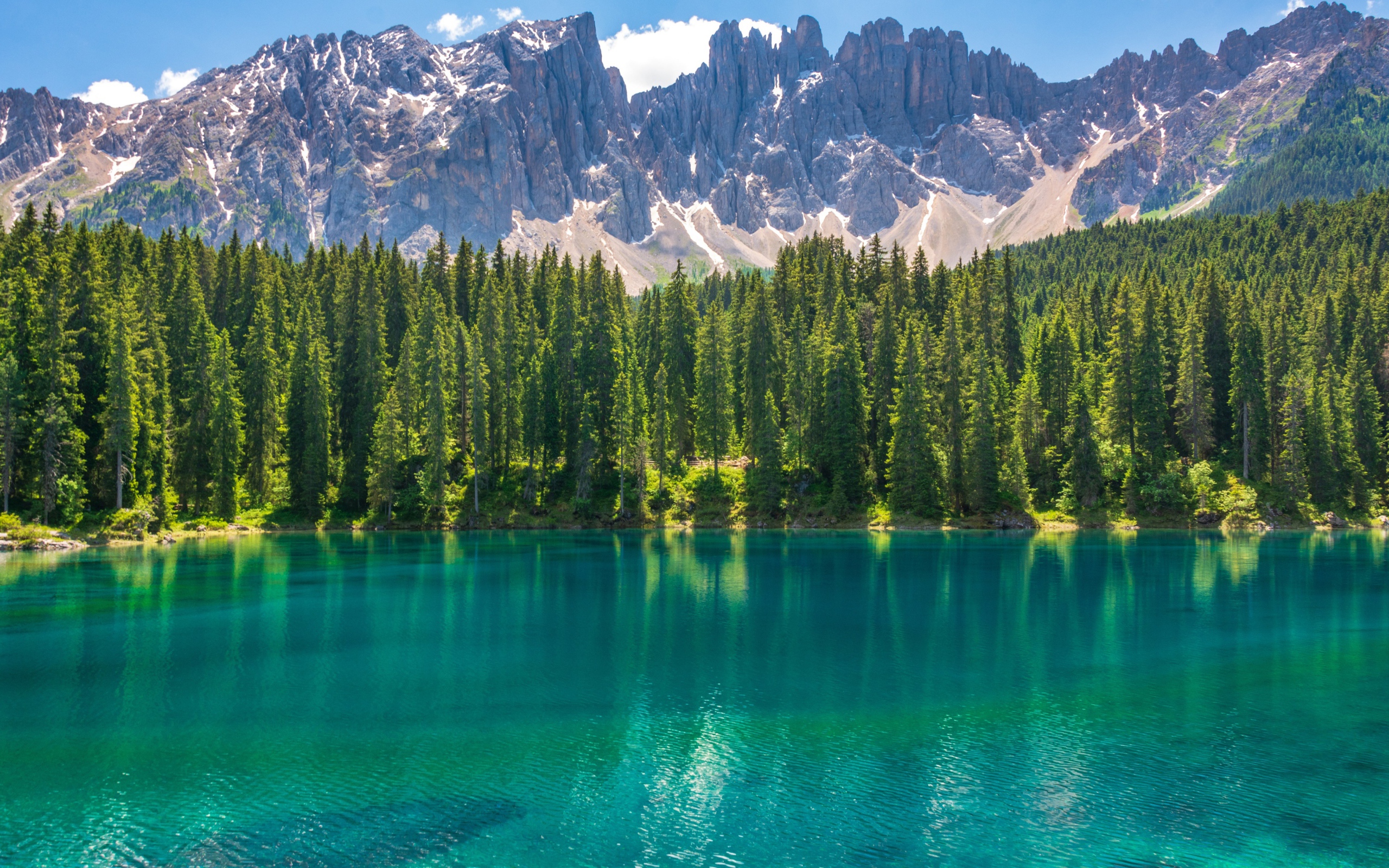 Красивое озеро с голубой водой у хвойного леса на фоне гор