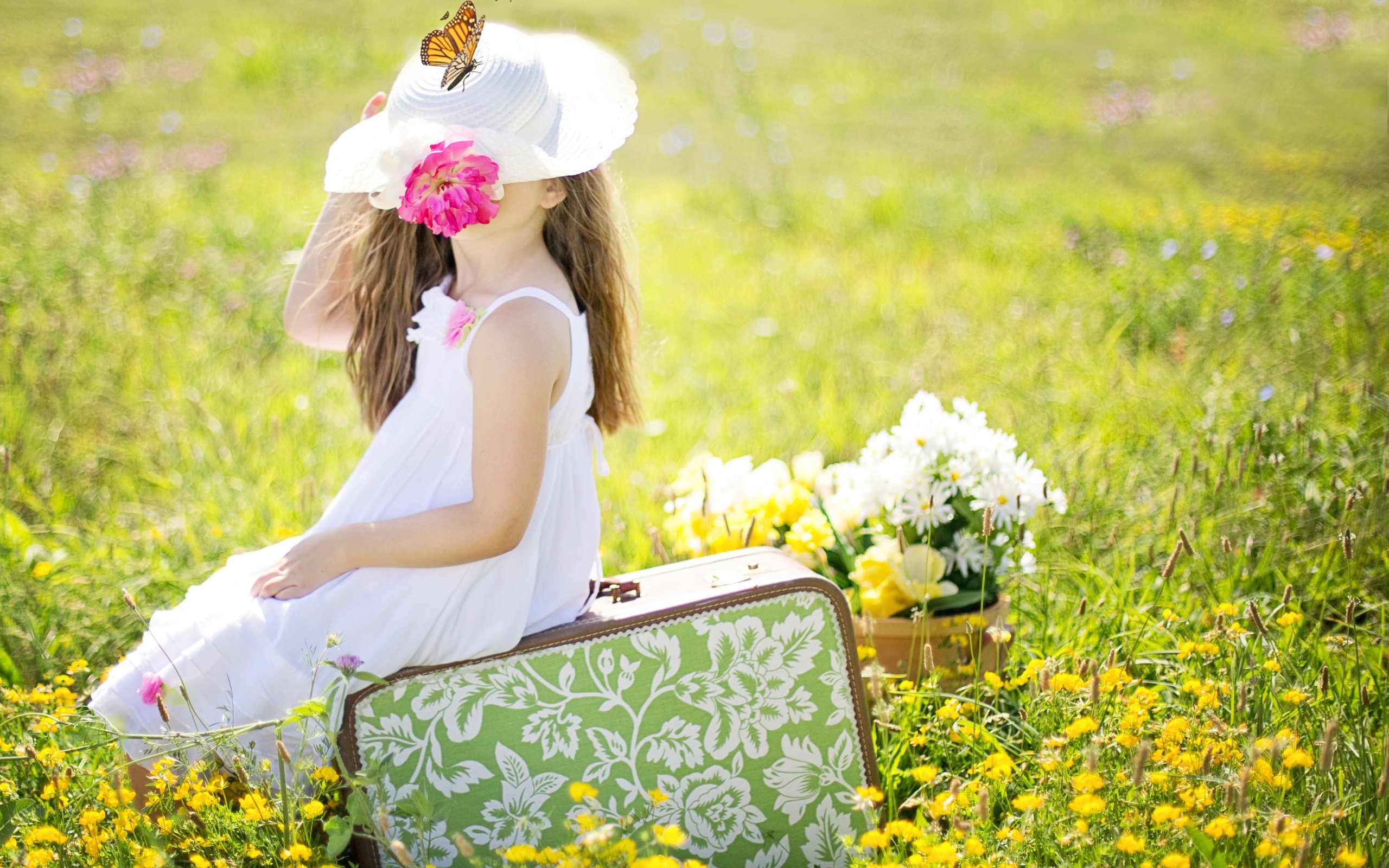 Маленькая девочка сидит на чемодане на поле с цветами