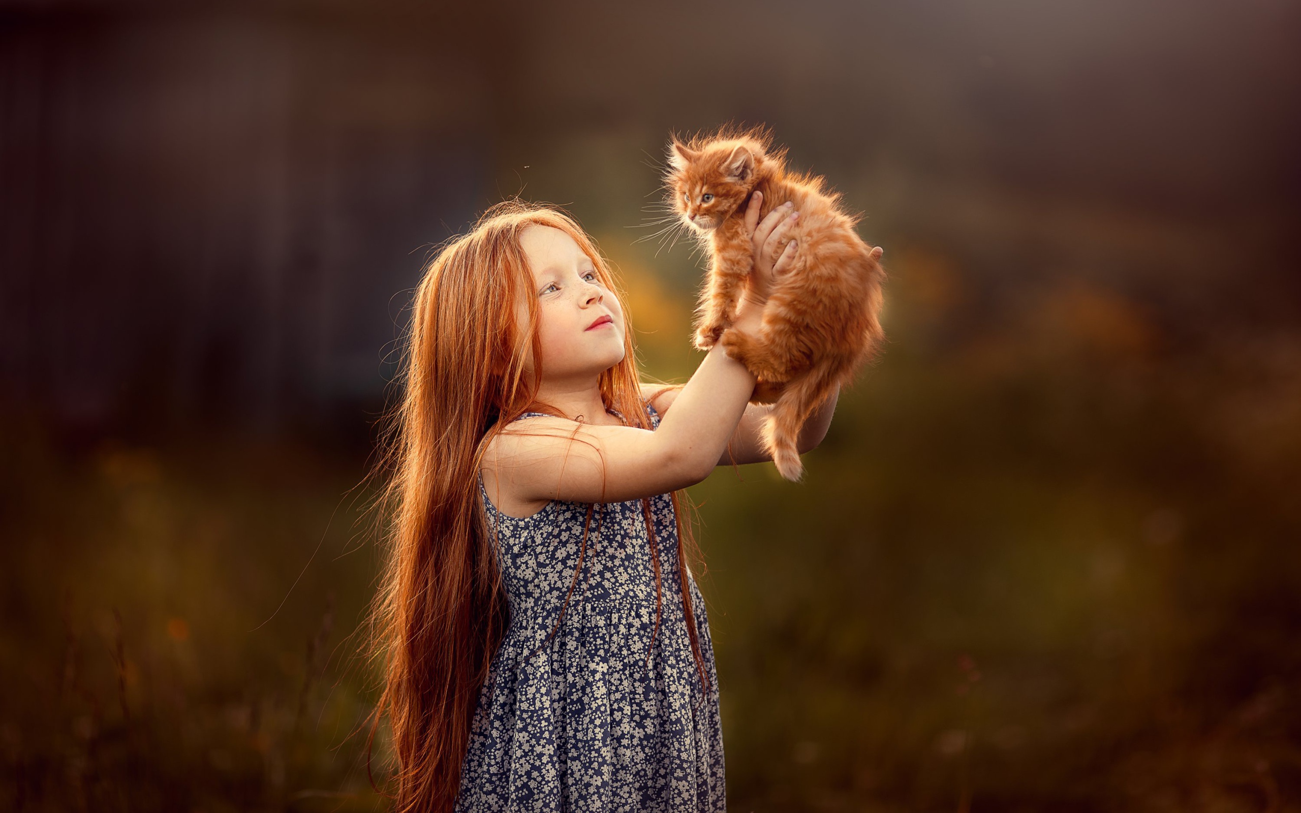 Маленькая рыжеволосая девочка с рыжим котенком в руках