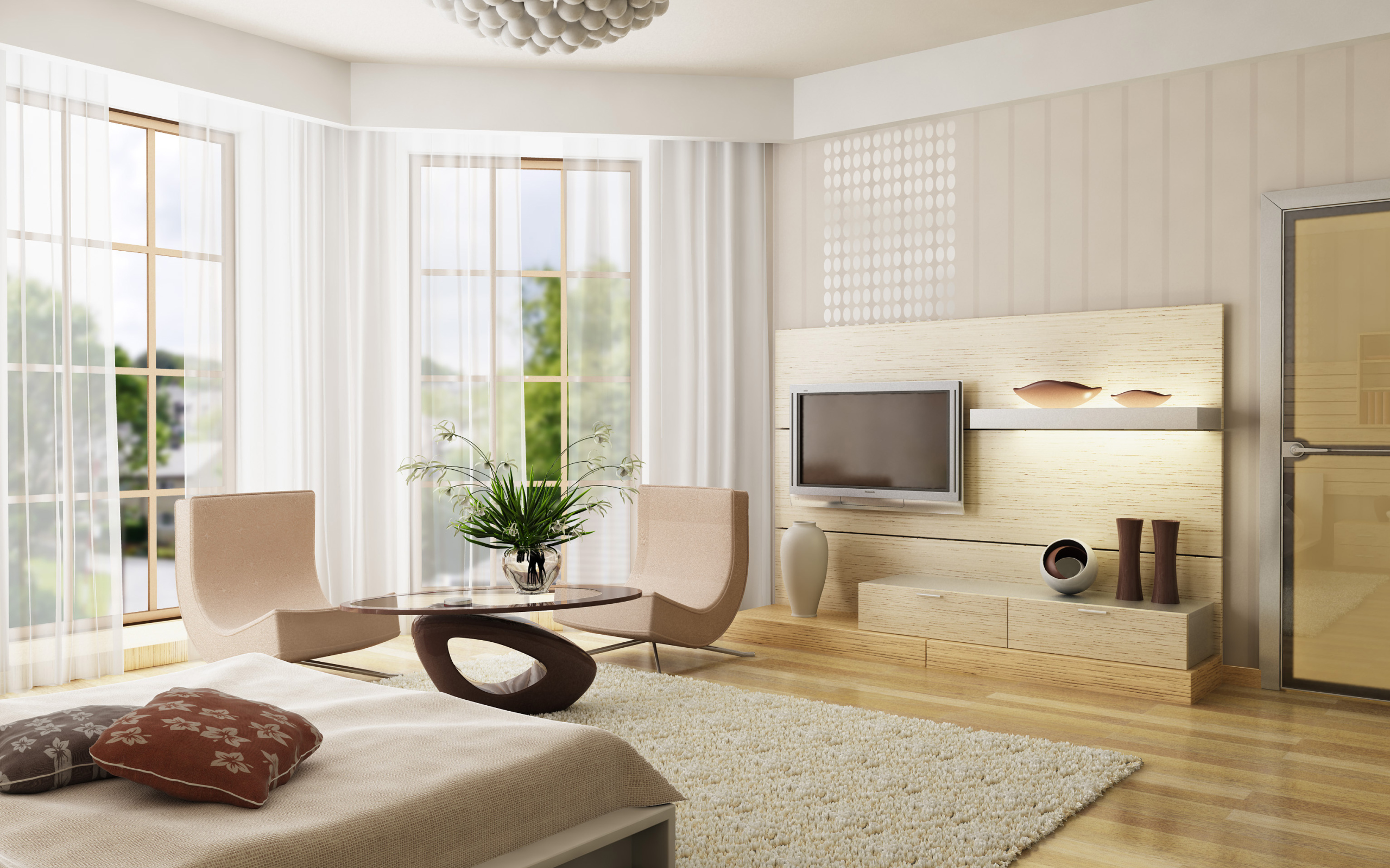 Спальня с журнальным столиком, телевизором и большими окнами