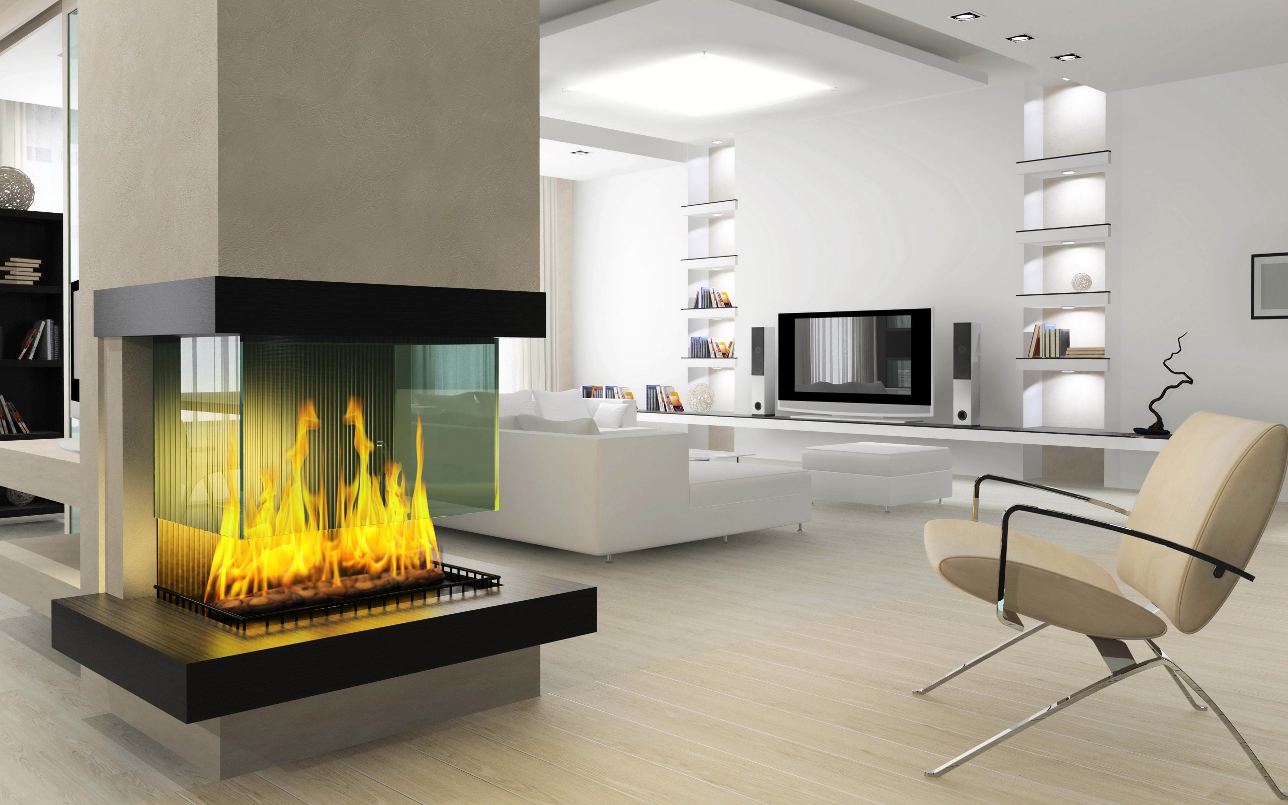 Большая светлая гостиная в стиле модерн с камином